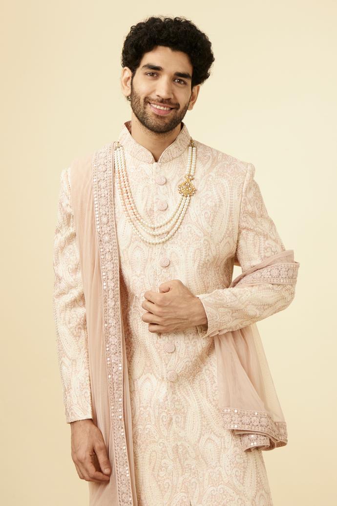 Twamev Men Subtle Beige Purple Sherwani