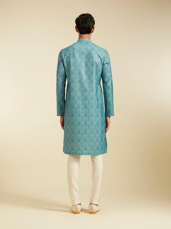 Diwas Men Aqua Green Medallion Printed Kurta