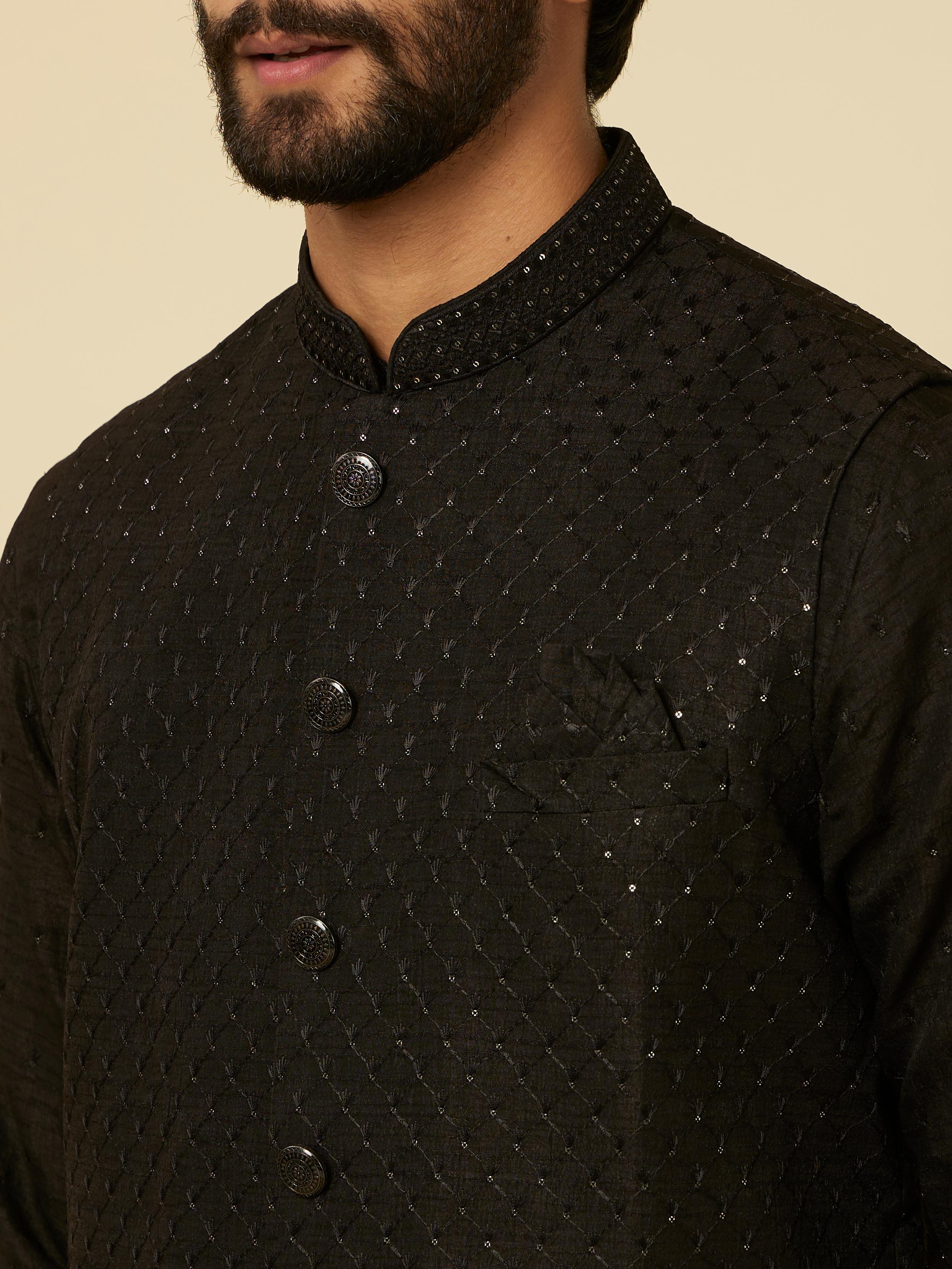 Twamev Men Classic Black Sequinned Kurta Jacket Set