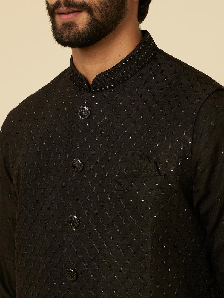 Twamev Men Classic Black Sequinned Kurta Jacket Set
