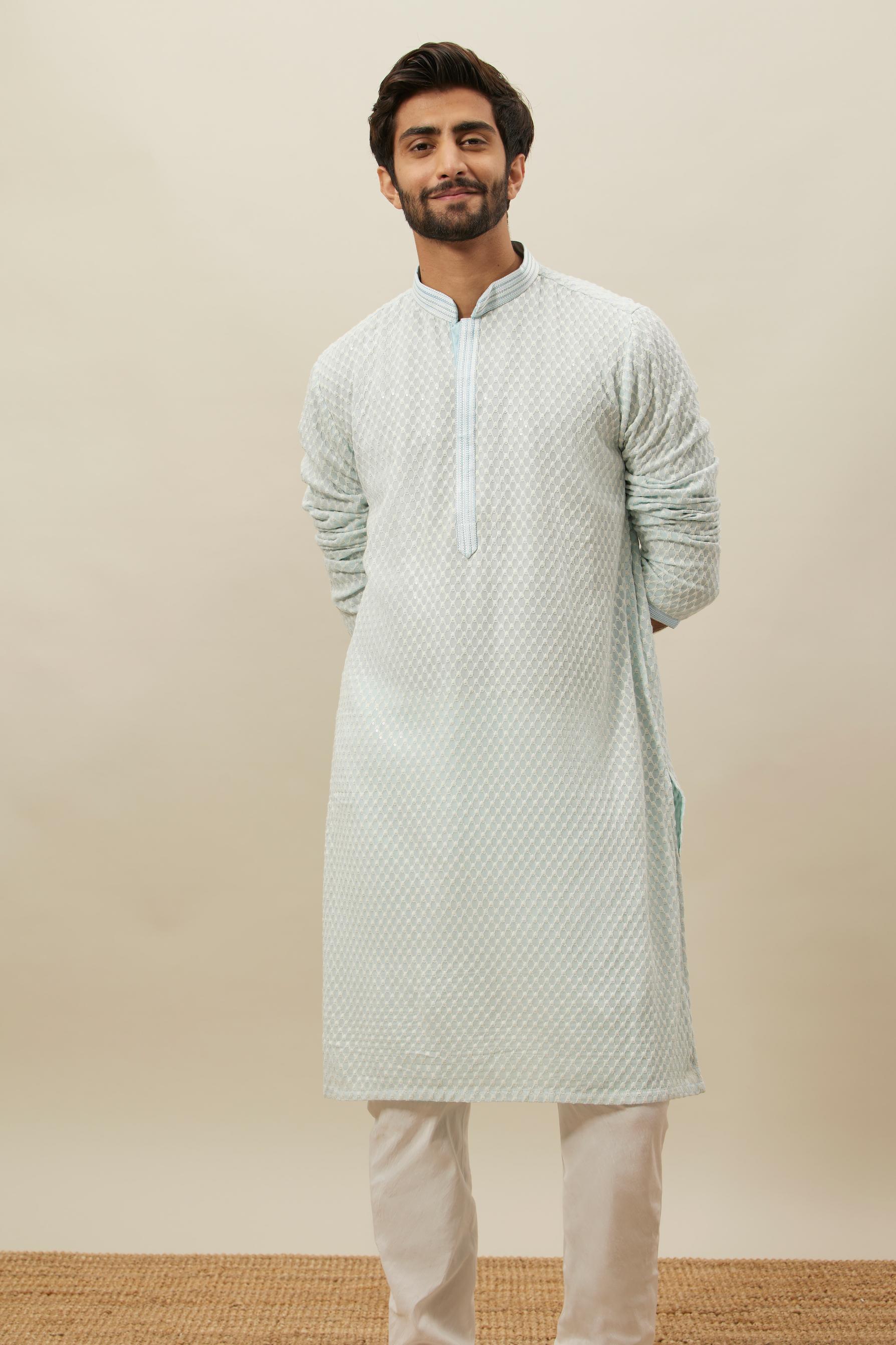Twamev Men Powder Blue Chikankari Kurta Set