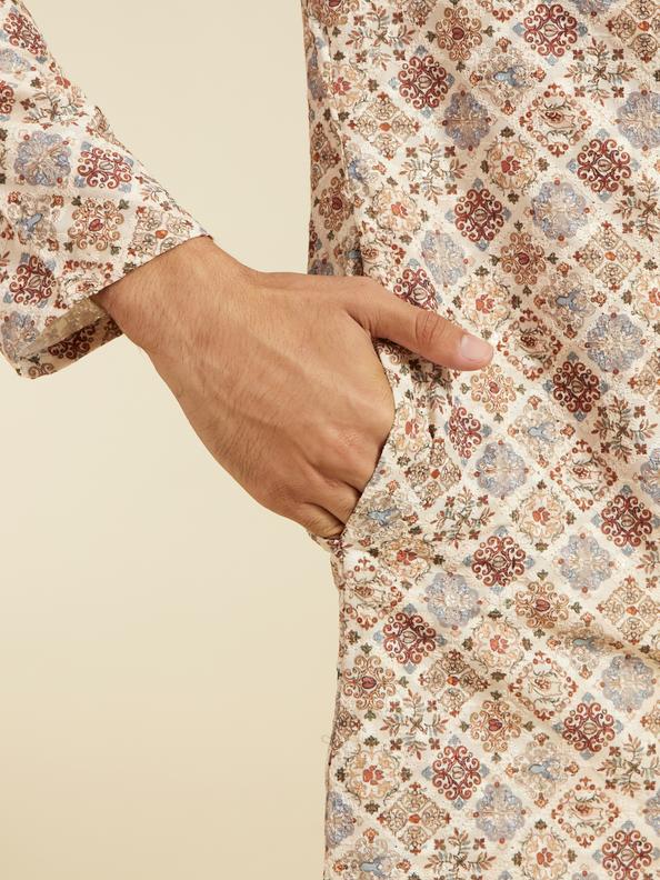 Diwas Men Soft Beige Chikankari Inspired Printed Kurta