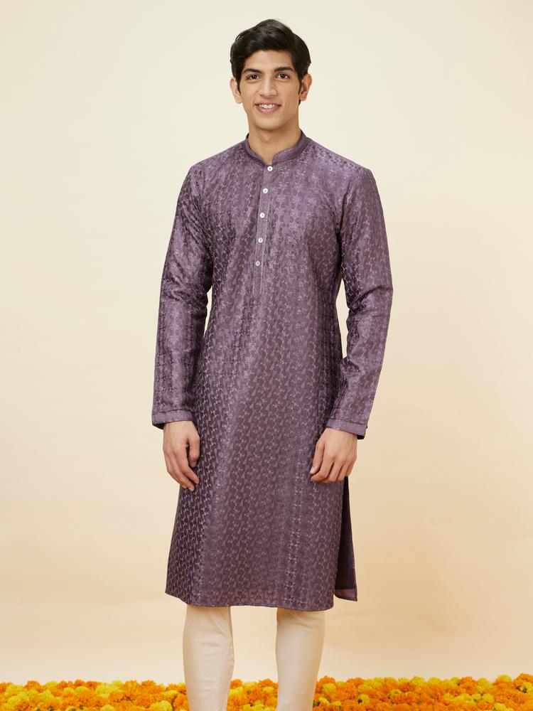 Twamev Men Amethyst Purple Floral Jaal Embroidered Kurta Set