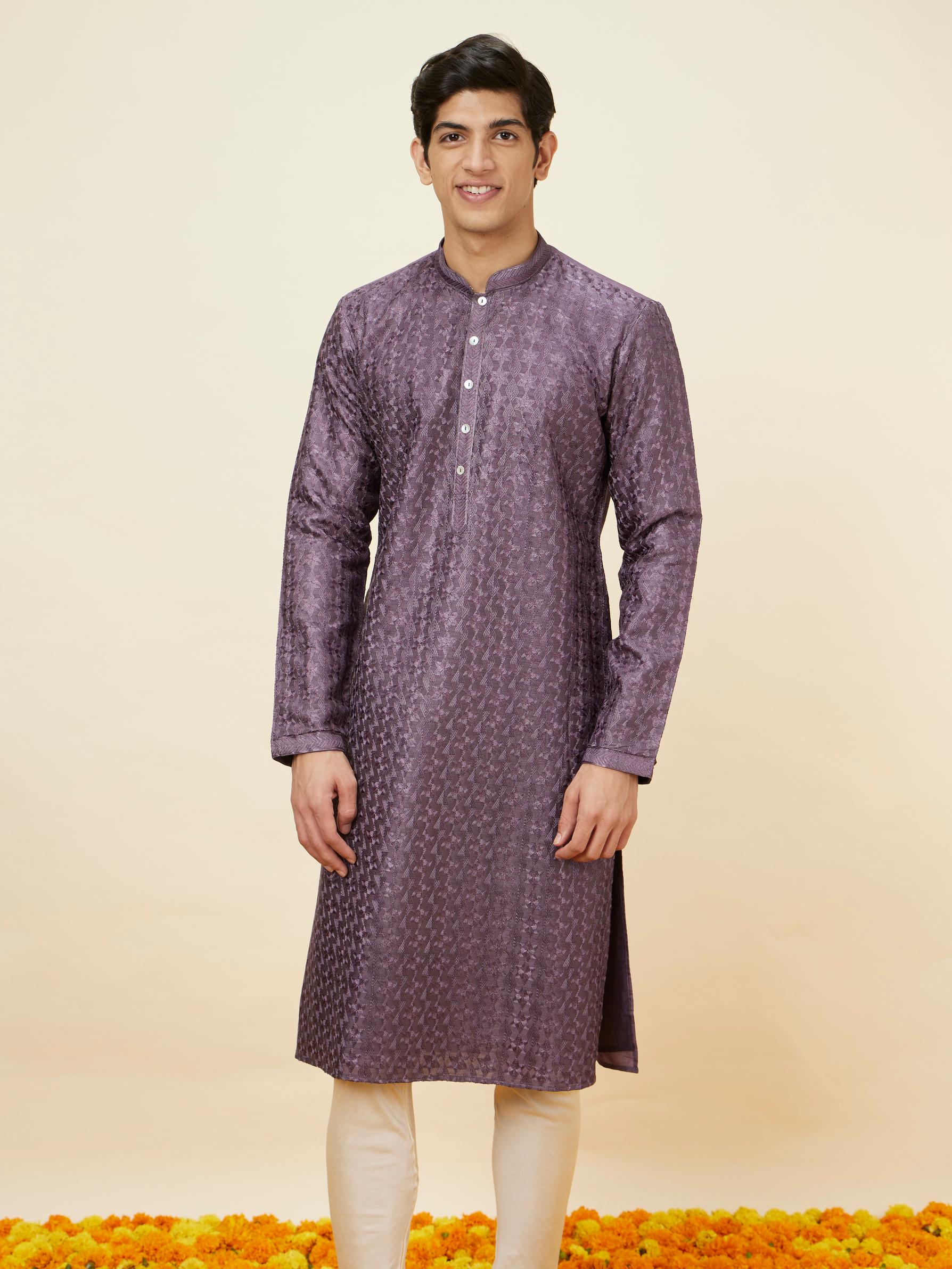 Twamev Men Amethyst Purple Floral Jaal Embroidered Kurta Set