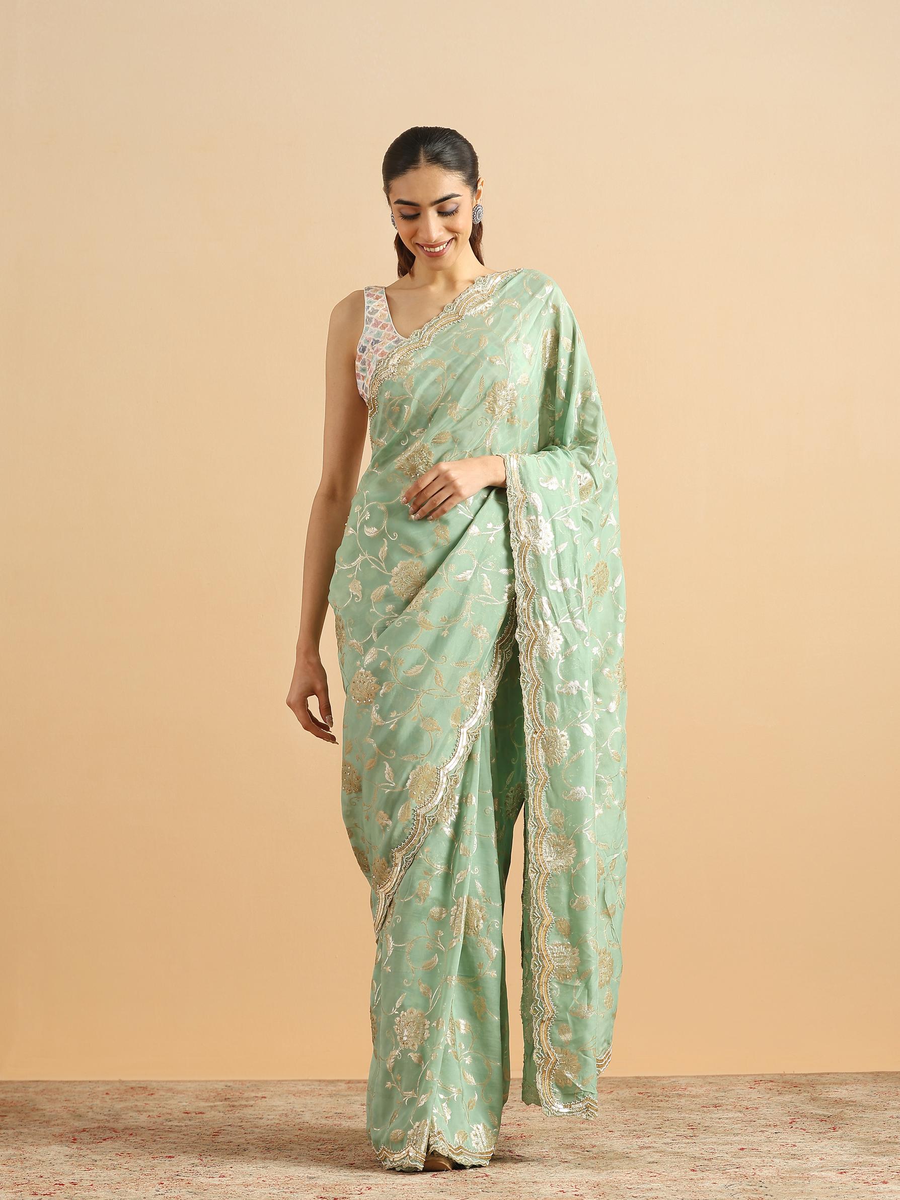 Twamev Women Whispering Pista Green Organza Saree