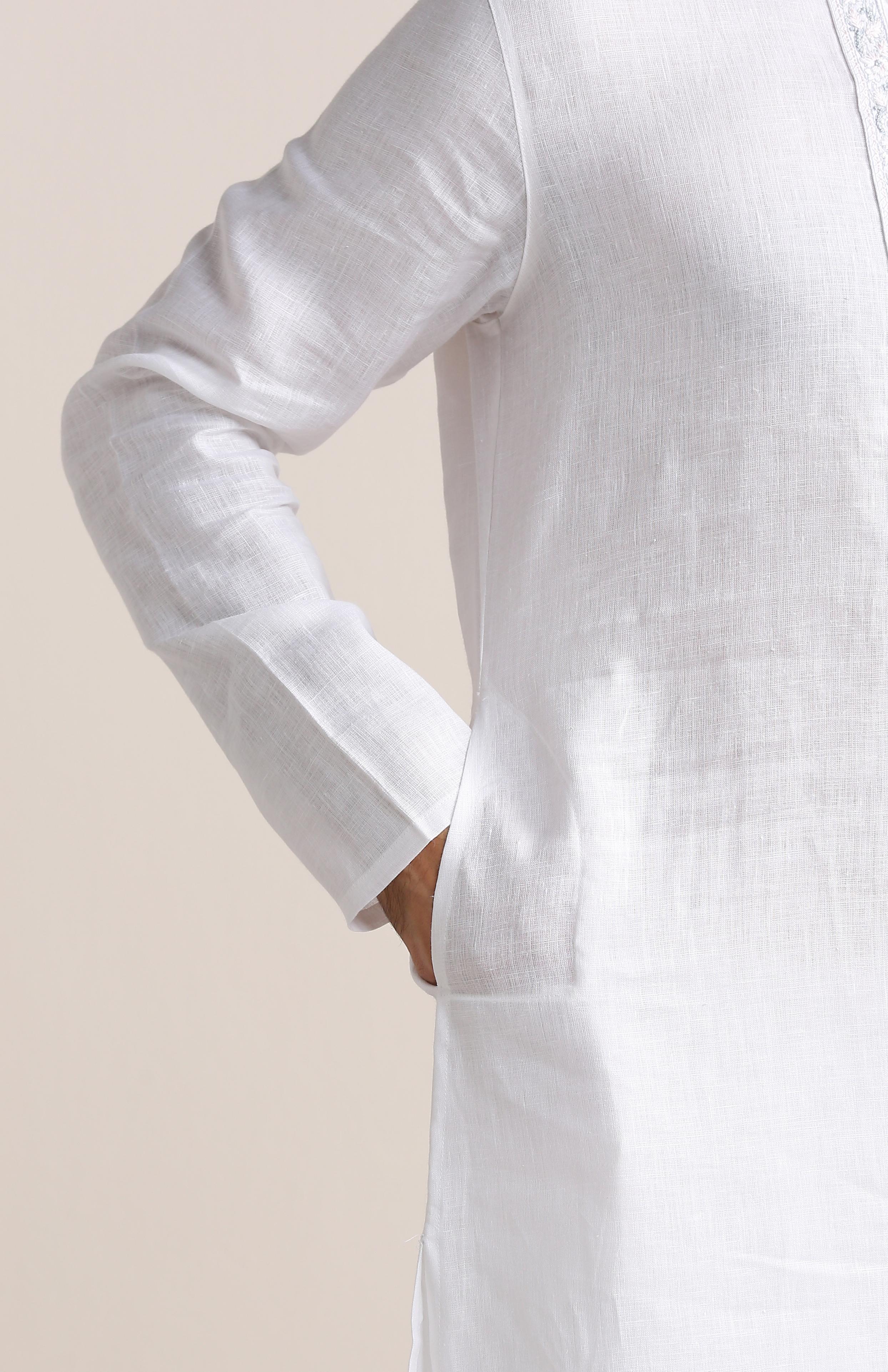 Twamev Men Soft Cream Embroidered Neck Kurta Set