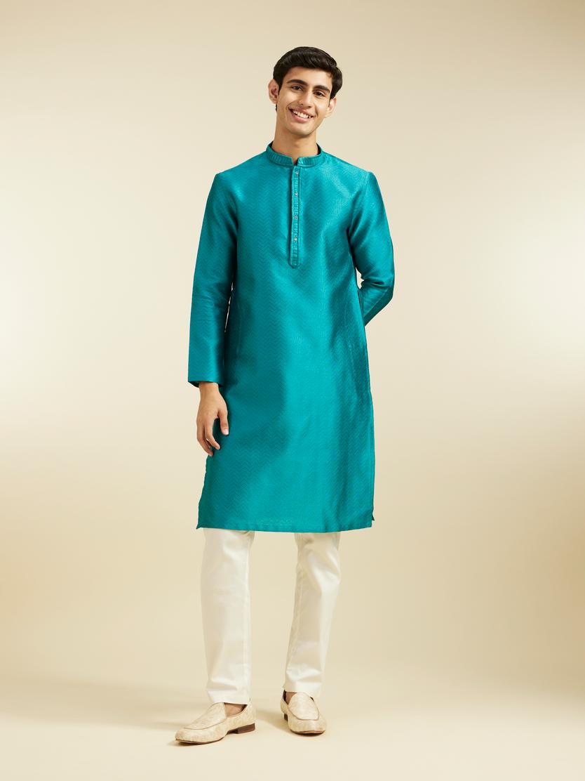 Diwas Men Teal Green Chevron Patterned Kurta