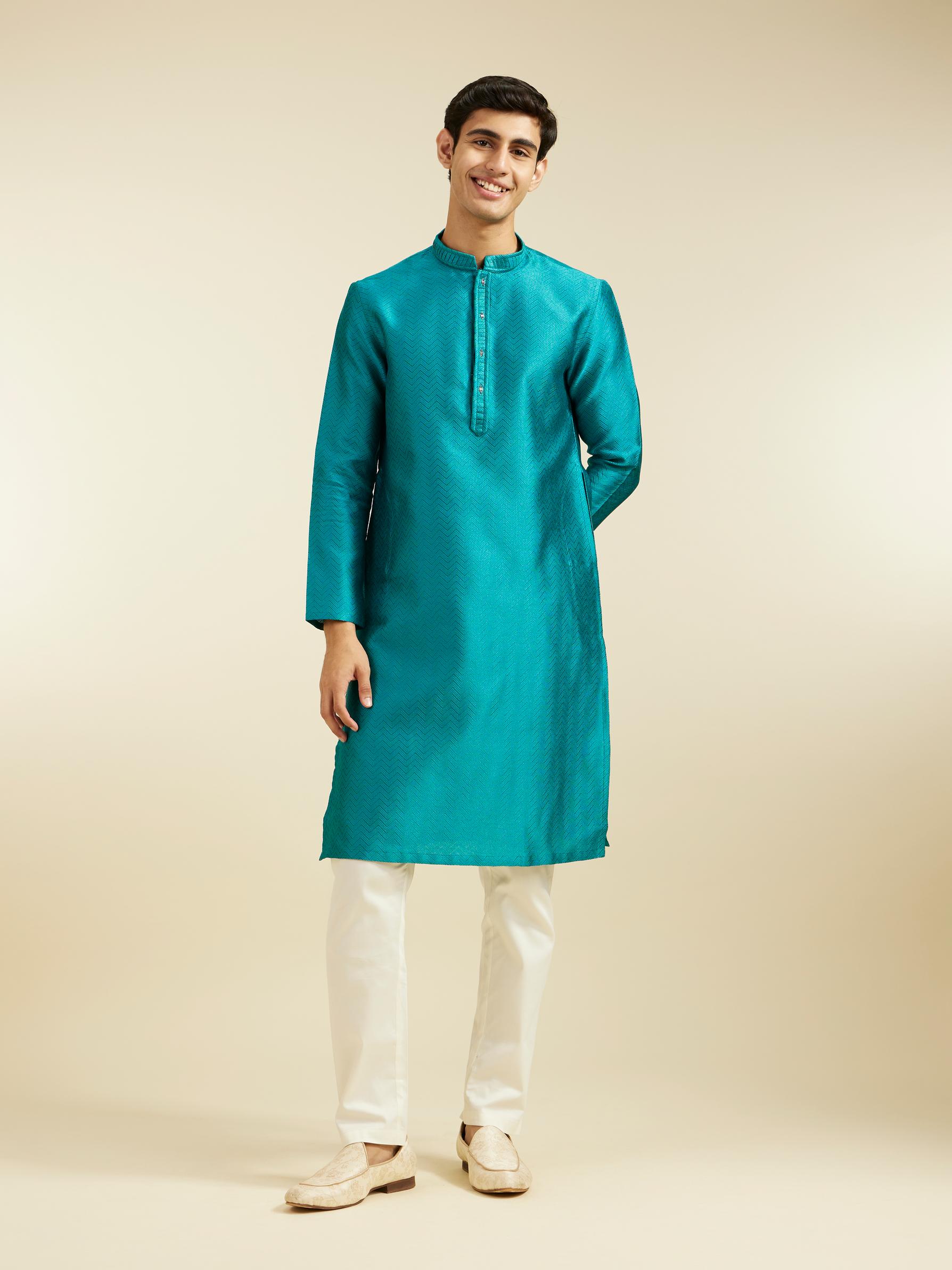 Diwas Men Teal Green Chevron Patterned Kurta