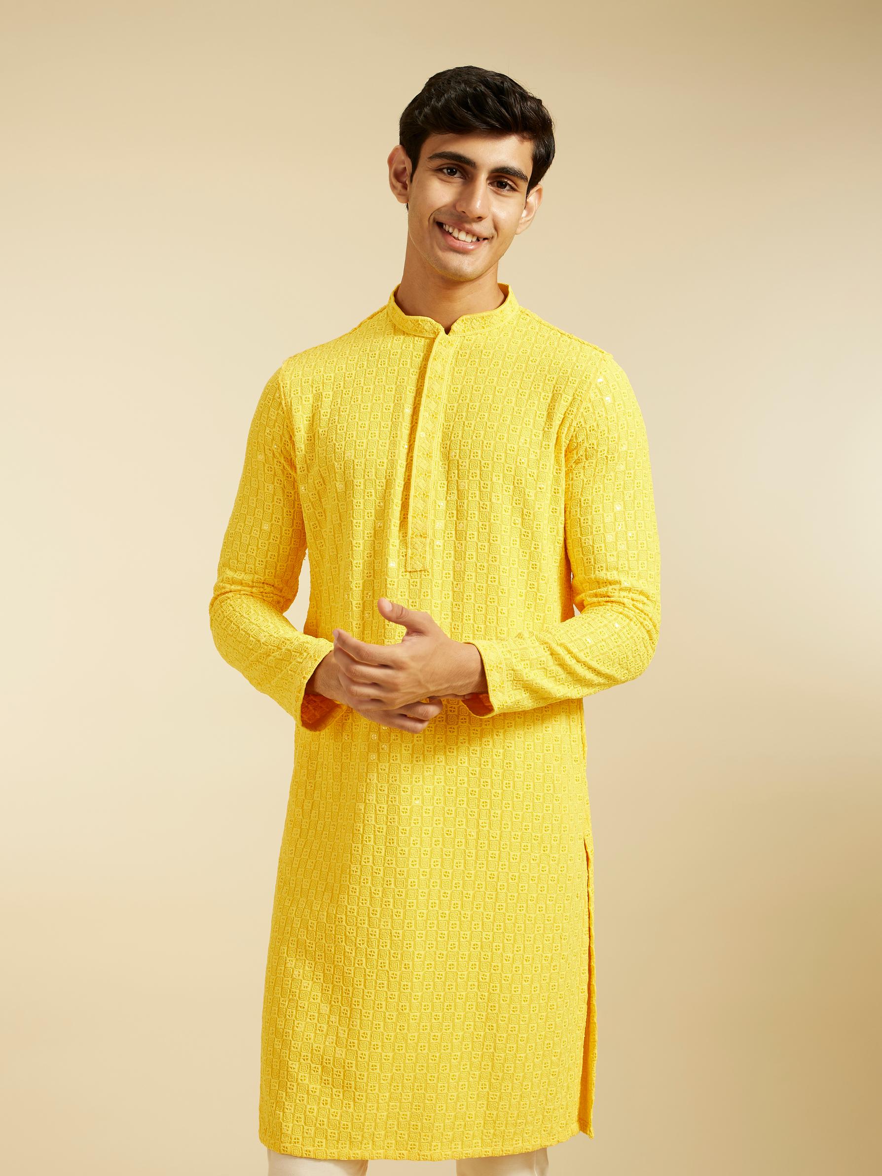 Diwas Men Sunshine Yellow Chikankari Sequinned Kurta