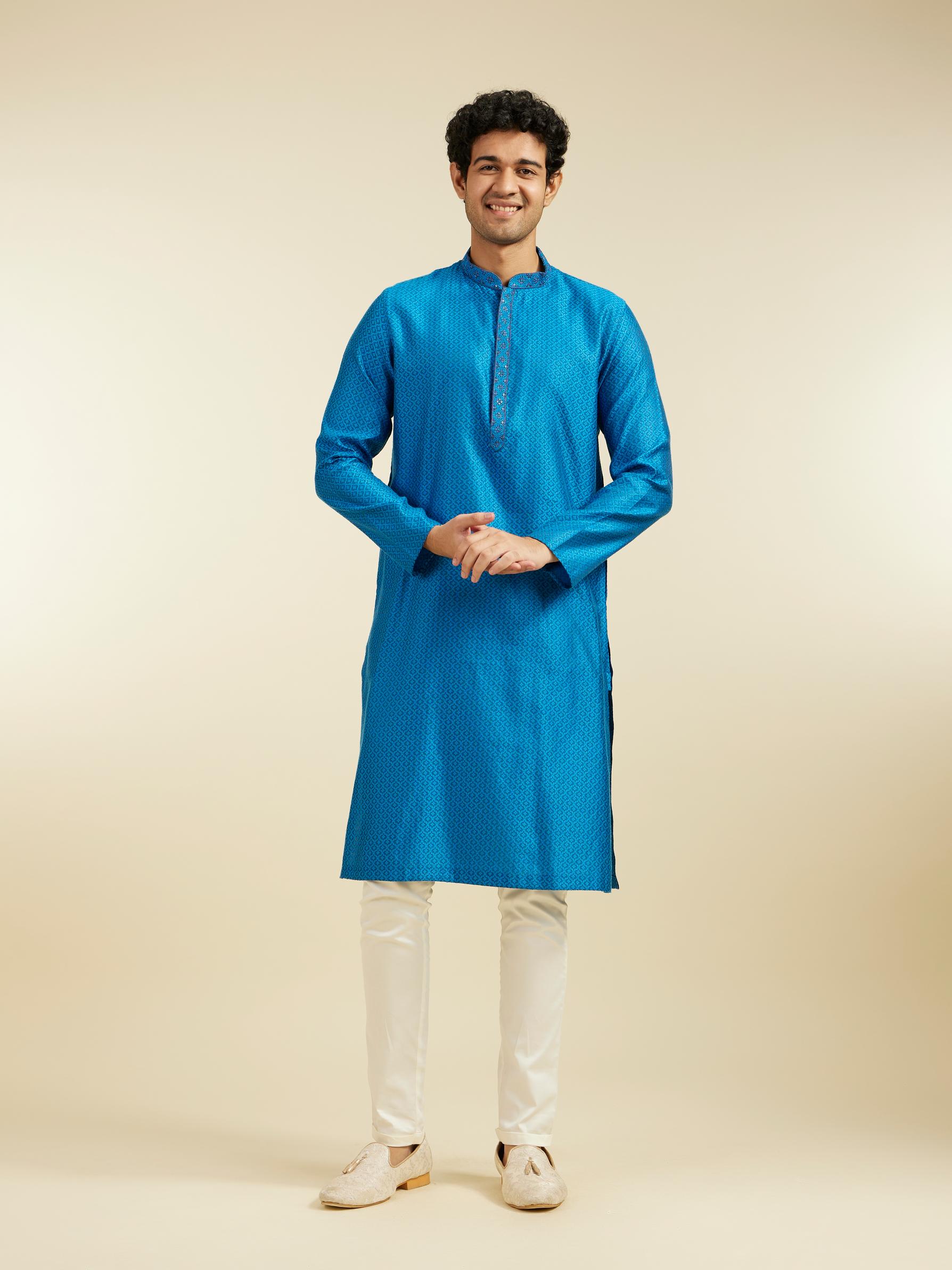 Diwas Men Lapis Blue Lattice Patterned Kurta