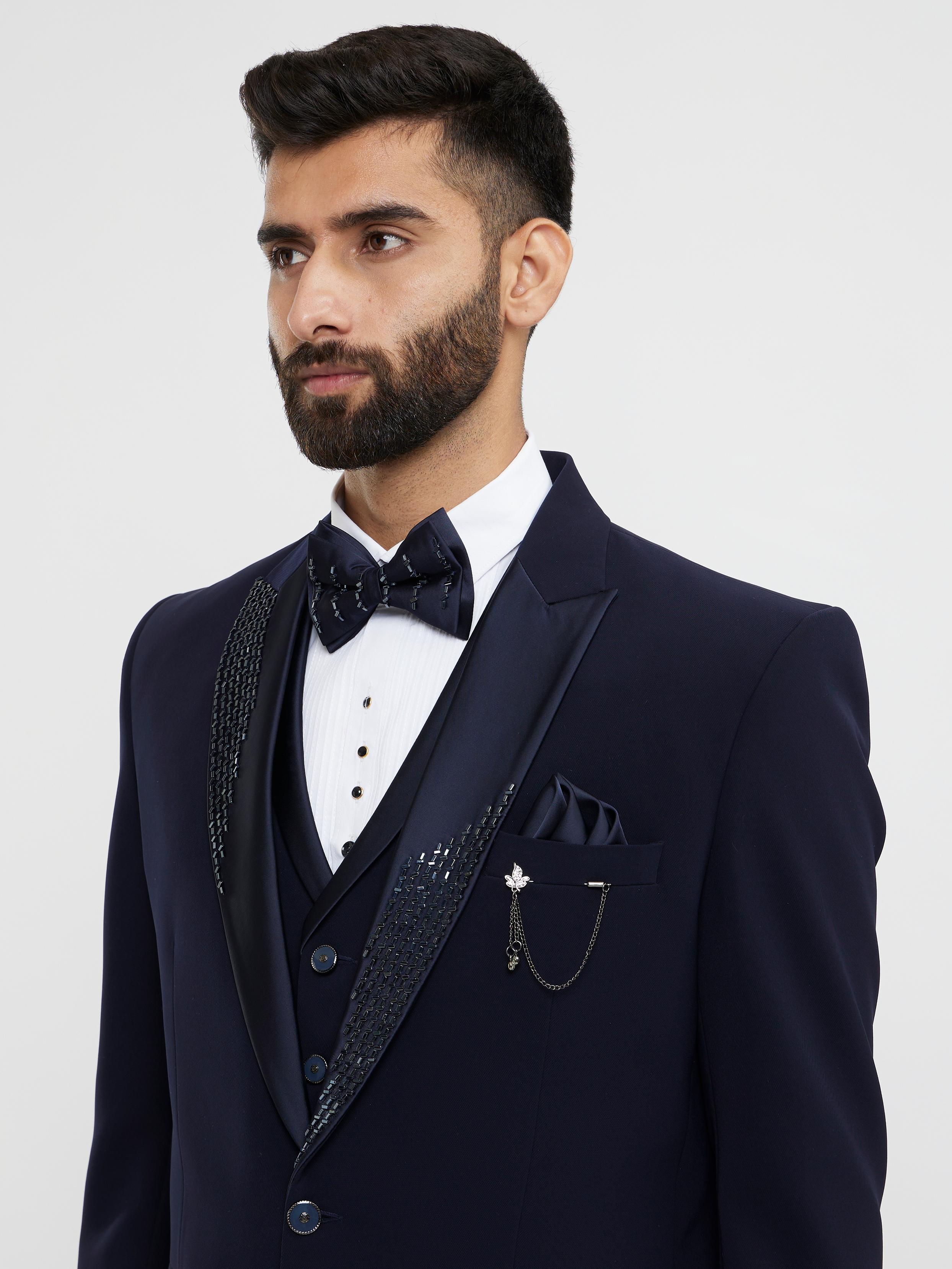 Twamev Men Indigo Blue Plain Classic Suit Set with Cutdana Work
