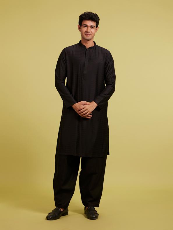 Diwas Men Midnight Black Self Patterned Kurta with Striped Collar