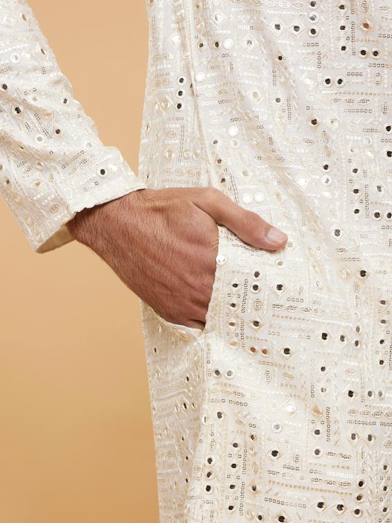 Twamev Men Warm White Mirror Embellished Kurta Set