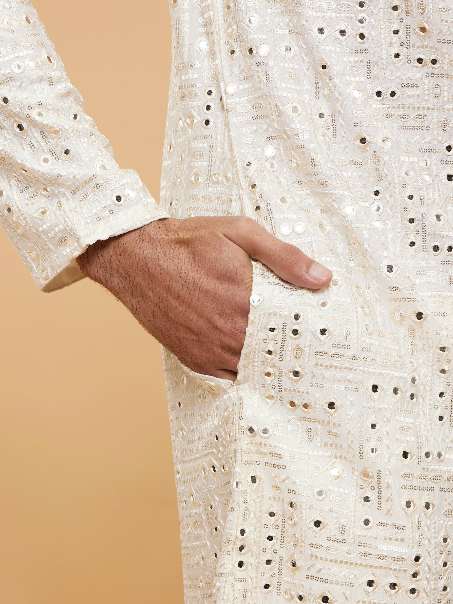 Twamev Men Warm White Mirror Embellished Kurta Set
