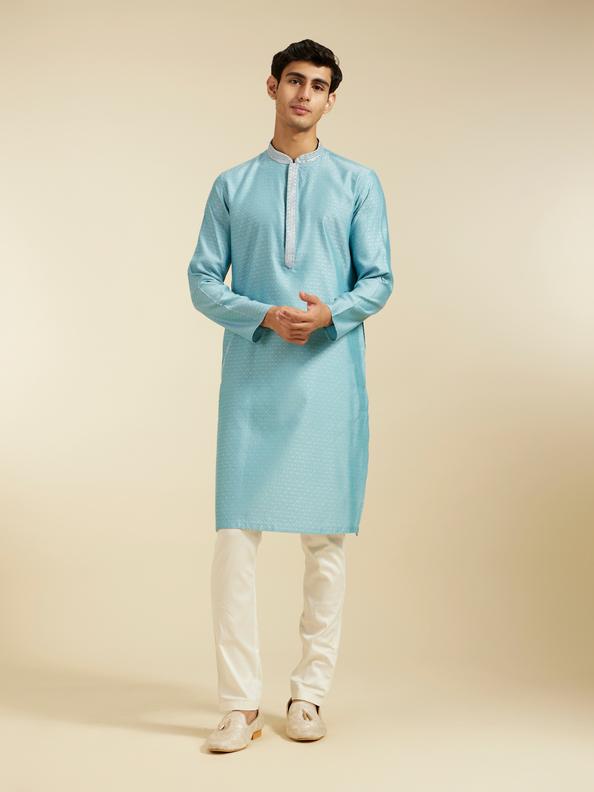 Diwas Men Powder Blue Floral Buta Patterned Kurta with Sequinned Neckline