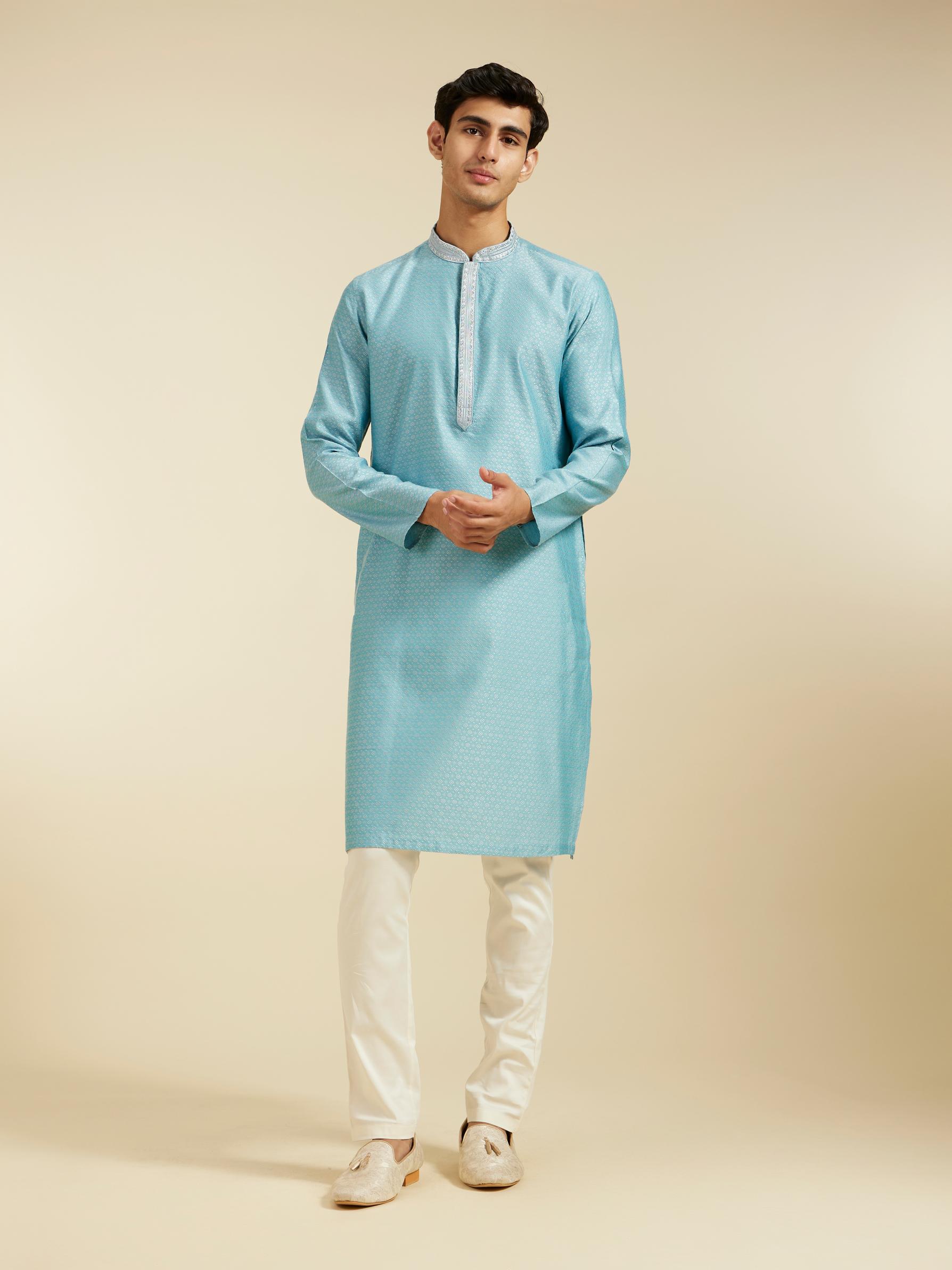 Diwas Men Powder Blue Floral Buta Patterned Kurta with Sequinned Neckline
