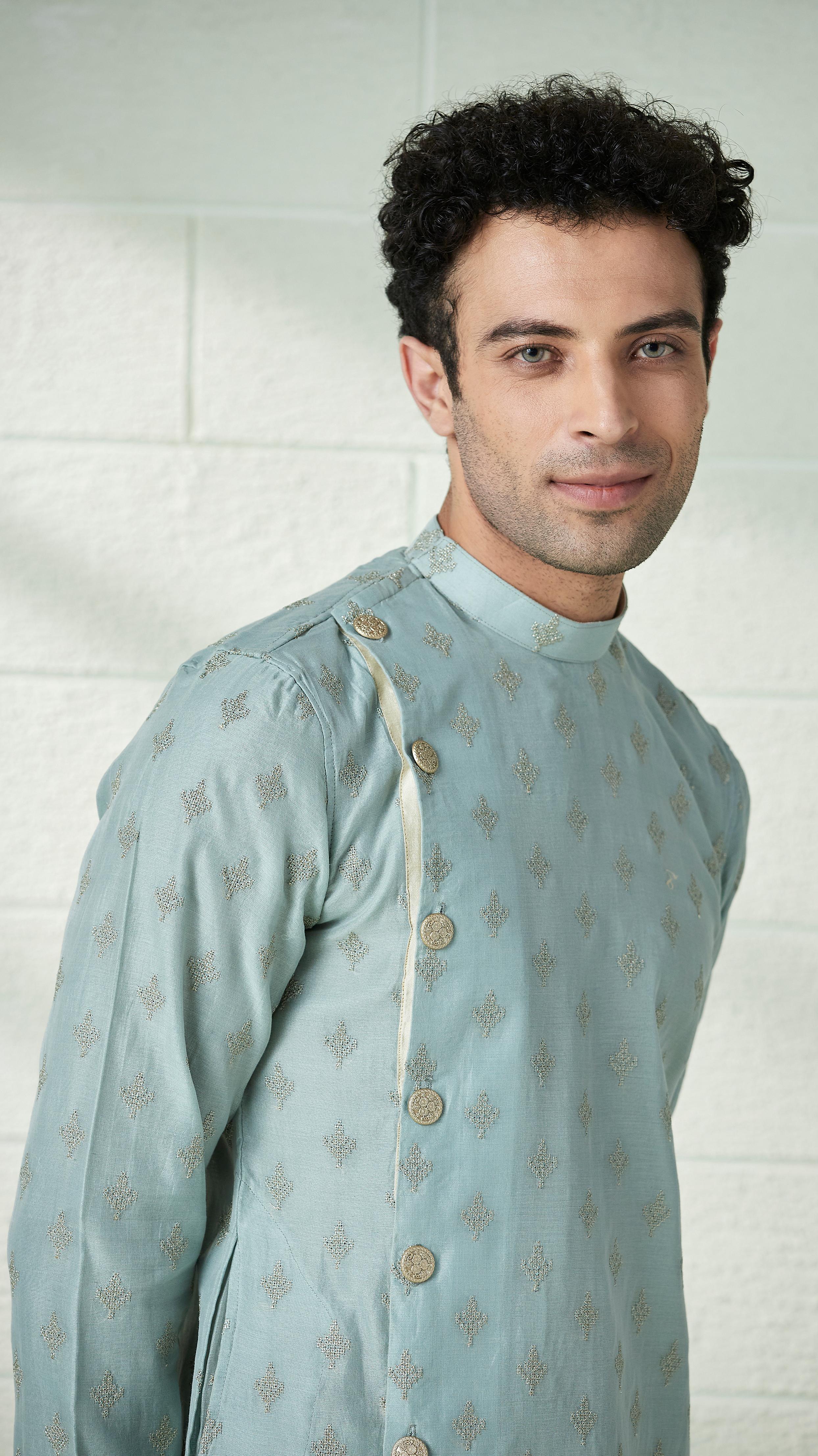 Twamev Men Light Teal Angrakha Style Kurta Set