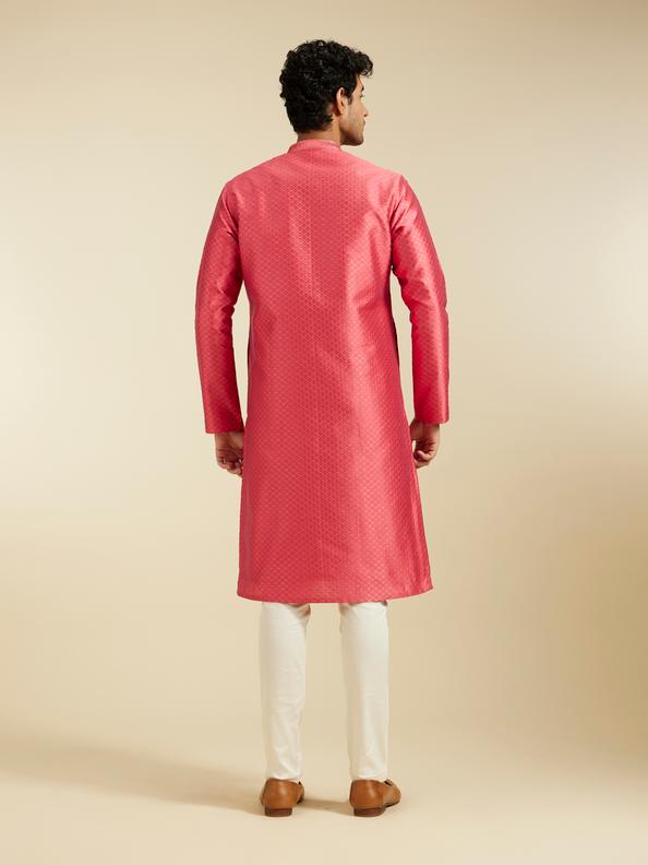 Diwas Men Coral Peach Self Striped & Jaal Patterned Kurta