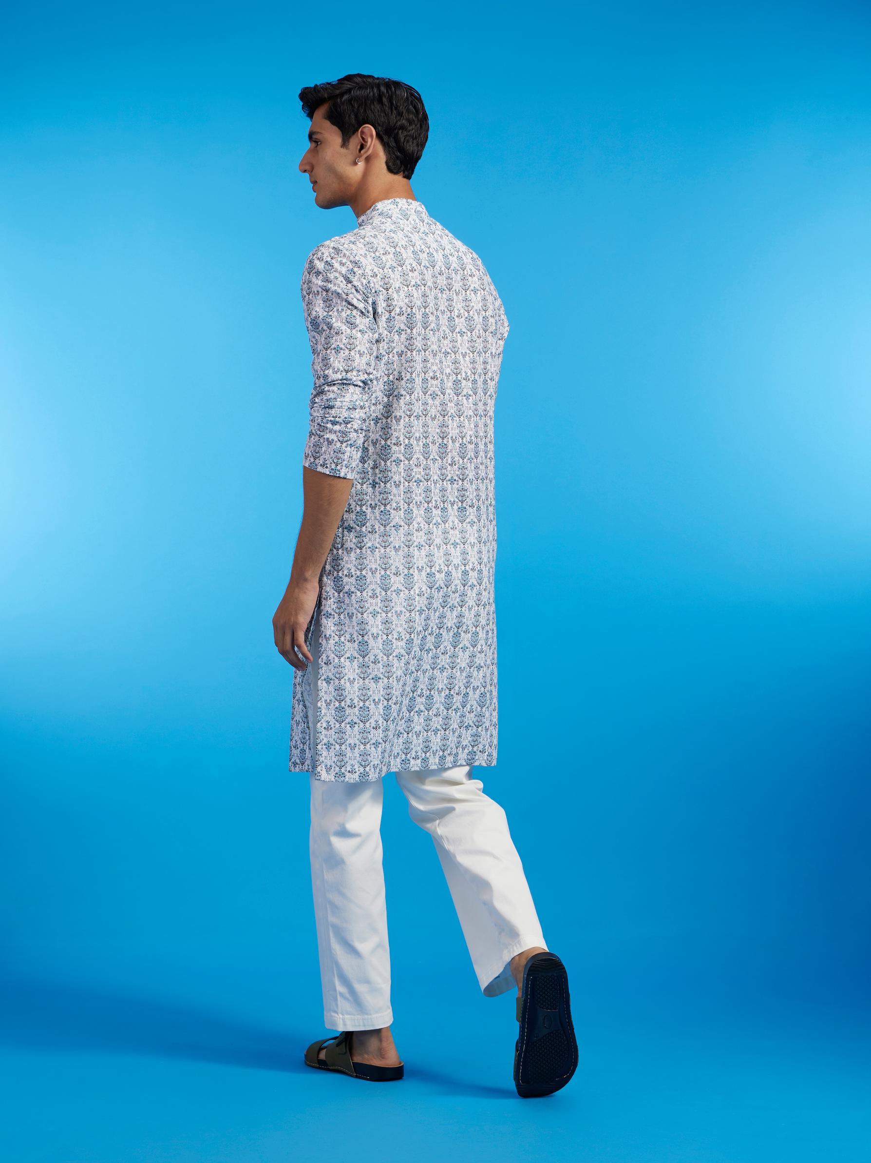 Diwas Men White & Aqua Green Medallion Printed Kurta