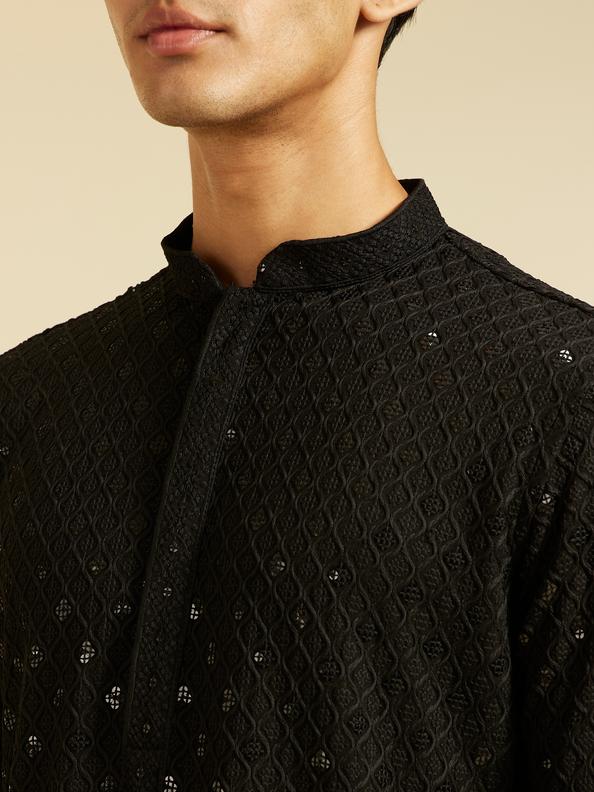 Diwas Men Midnight Black Chikankari Kurta With Sequins