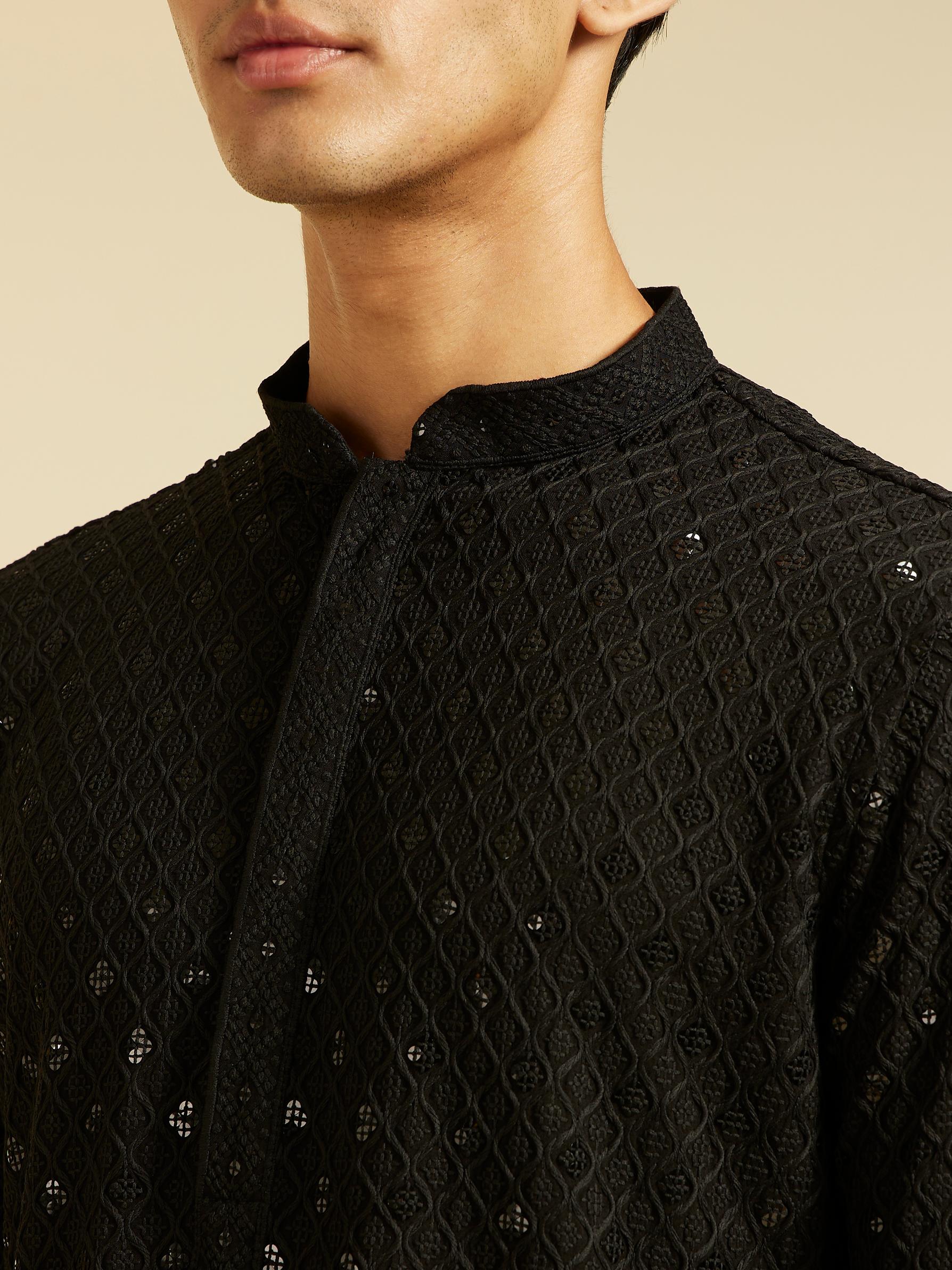 Diwas Men Midnight Black Chikankari Kurta With Sequins
