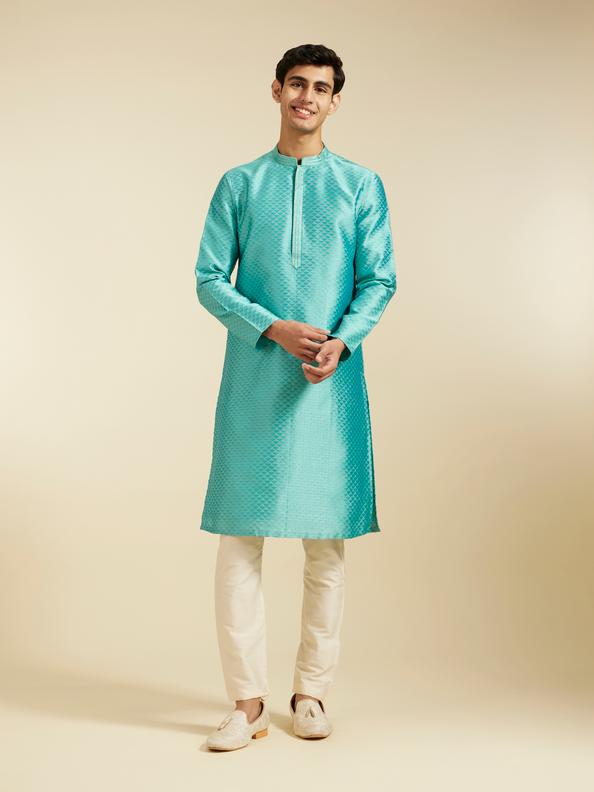 Diwas Men Aqua Green Lattice Patterned Kurta with Striped Placket