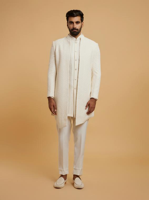 Twamev Men Cream Georgette Glimmer Indo Western