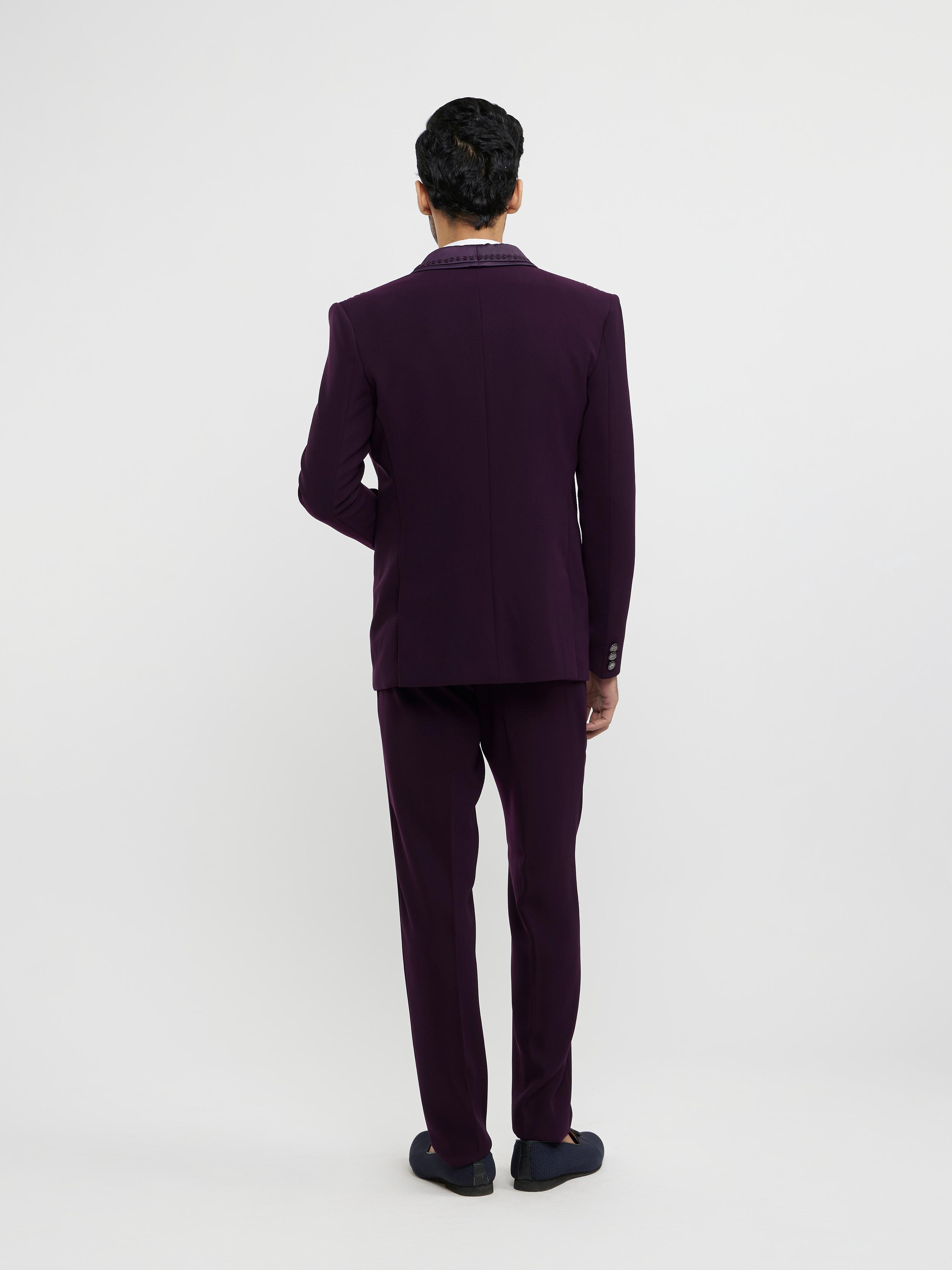 Twamev Men Wine Red Embroidered Suit Set with Rhinestone Work