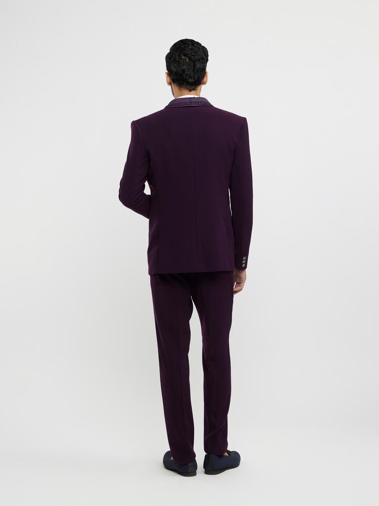 Twamev Men Wine Red Embroidered Suit Set with Rhinestone Work
