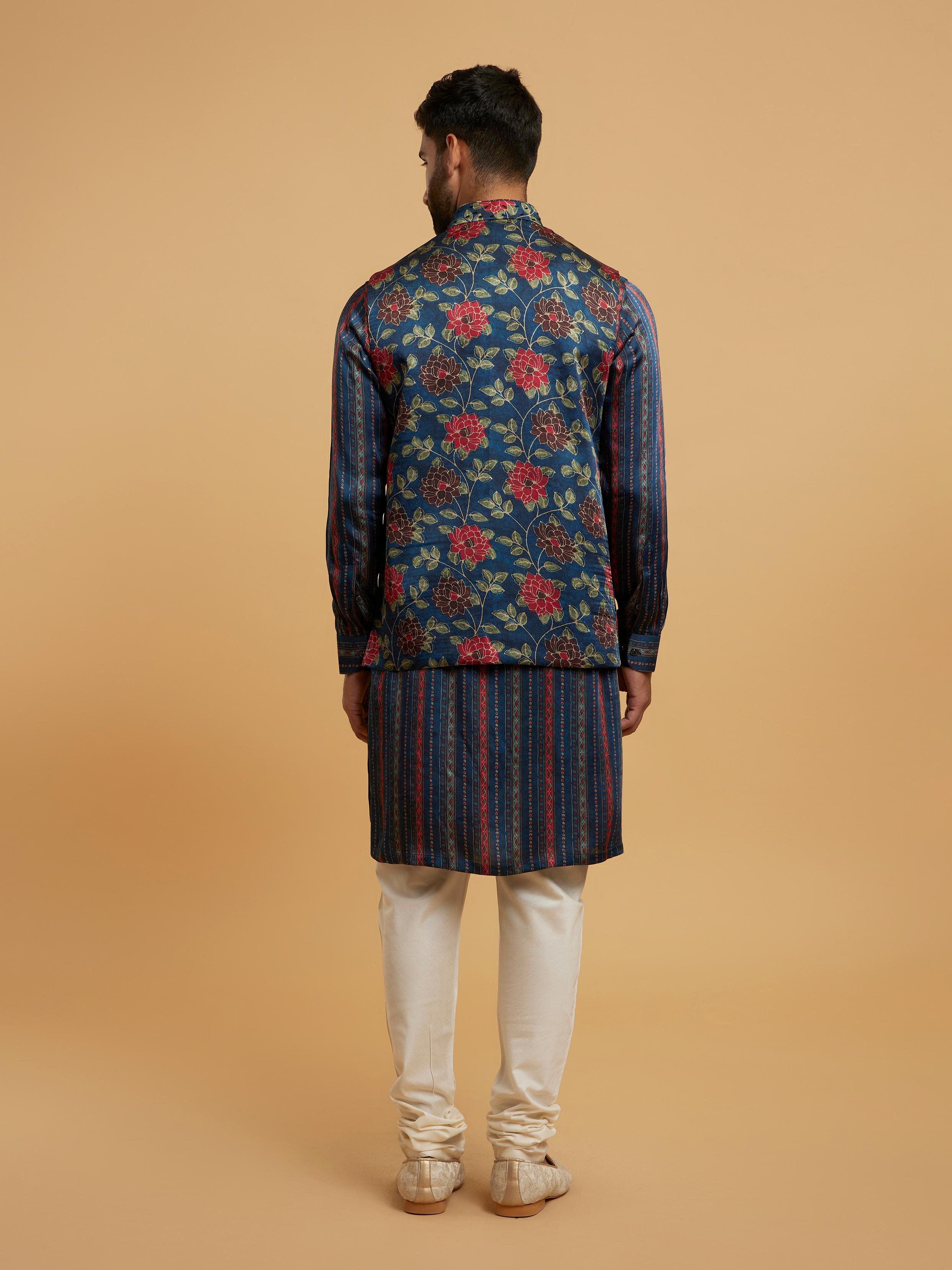 Twamev Men Teal Blue Kurta Jacket Set