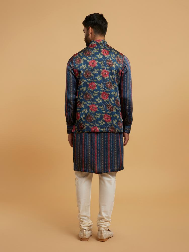 Twamev Men Teal Blue Kurta Jacket Set