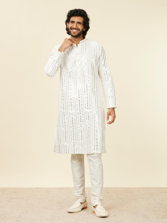 Twamev Men Warm White Kurta Set with Mirror Work