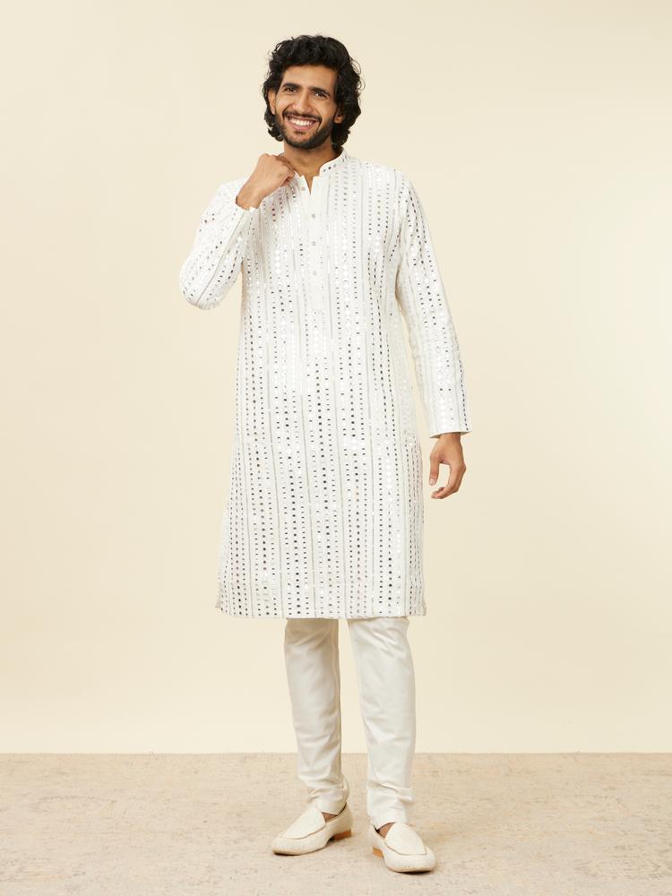 Twamev Men Warm White Kurta Set with Mirror Work
