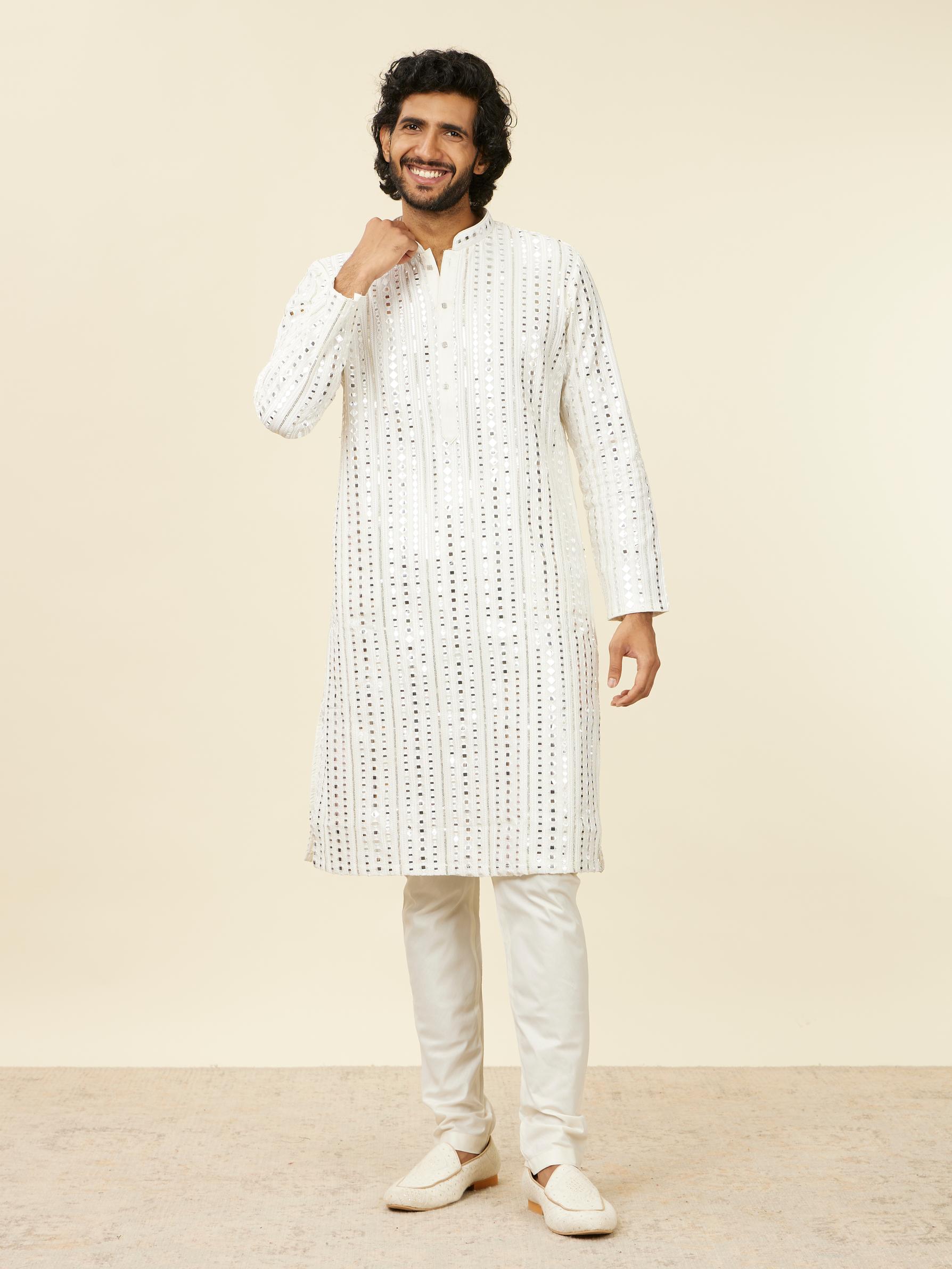 Twamev Men Warm White Kurta Set with Mirror Work
