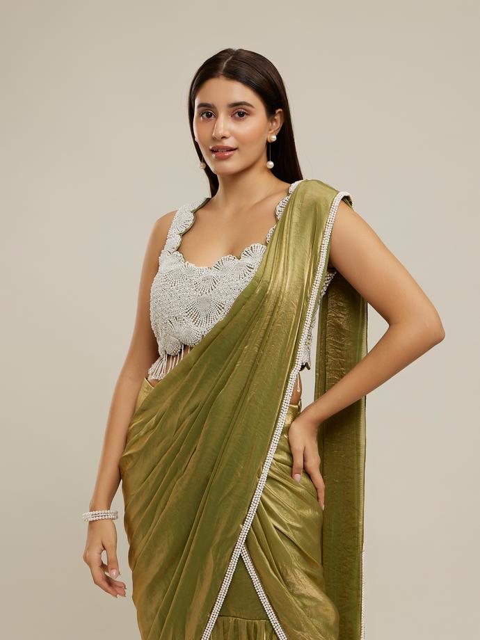 Twamev Women Majestic Mehandi Green Tissue Saree
