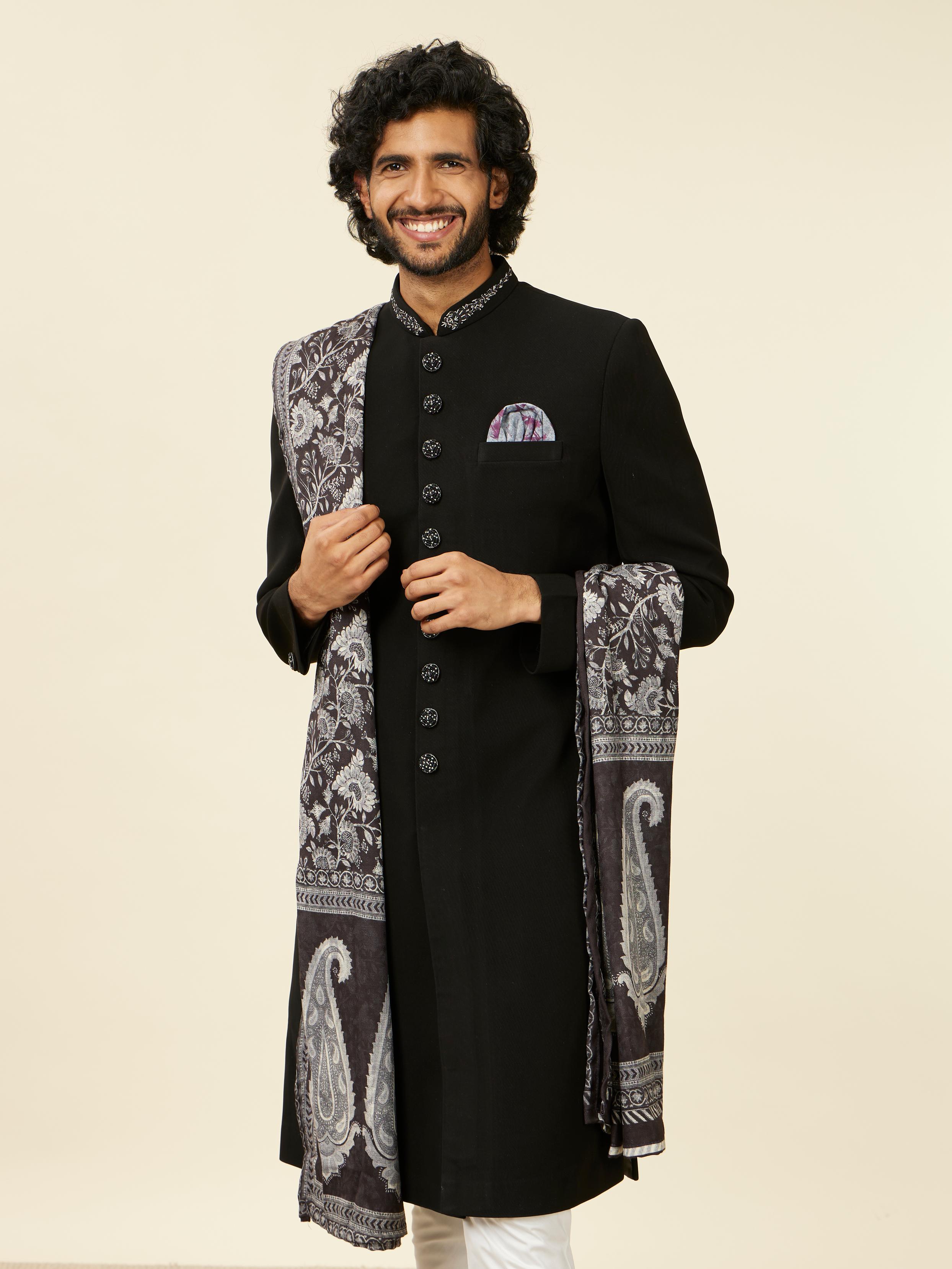 Twamev Men Classic Black Achkan Style Indo Western Set with Dupatta
