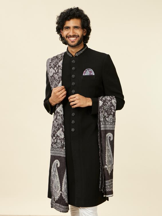 Twamev Men Classic Black Achkan Style Indo Western Set with Dupatta
