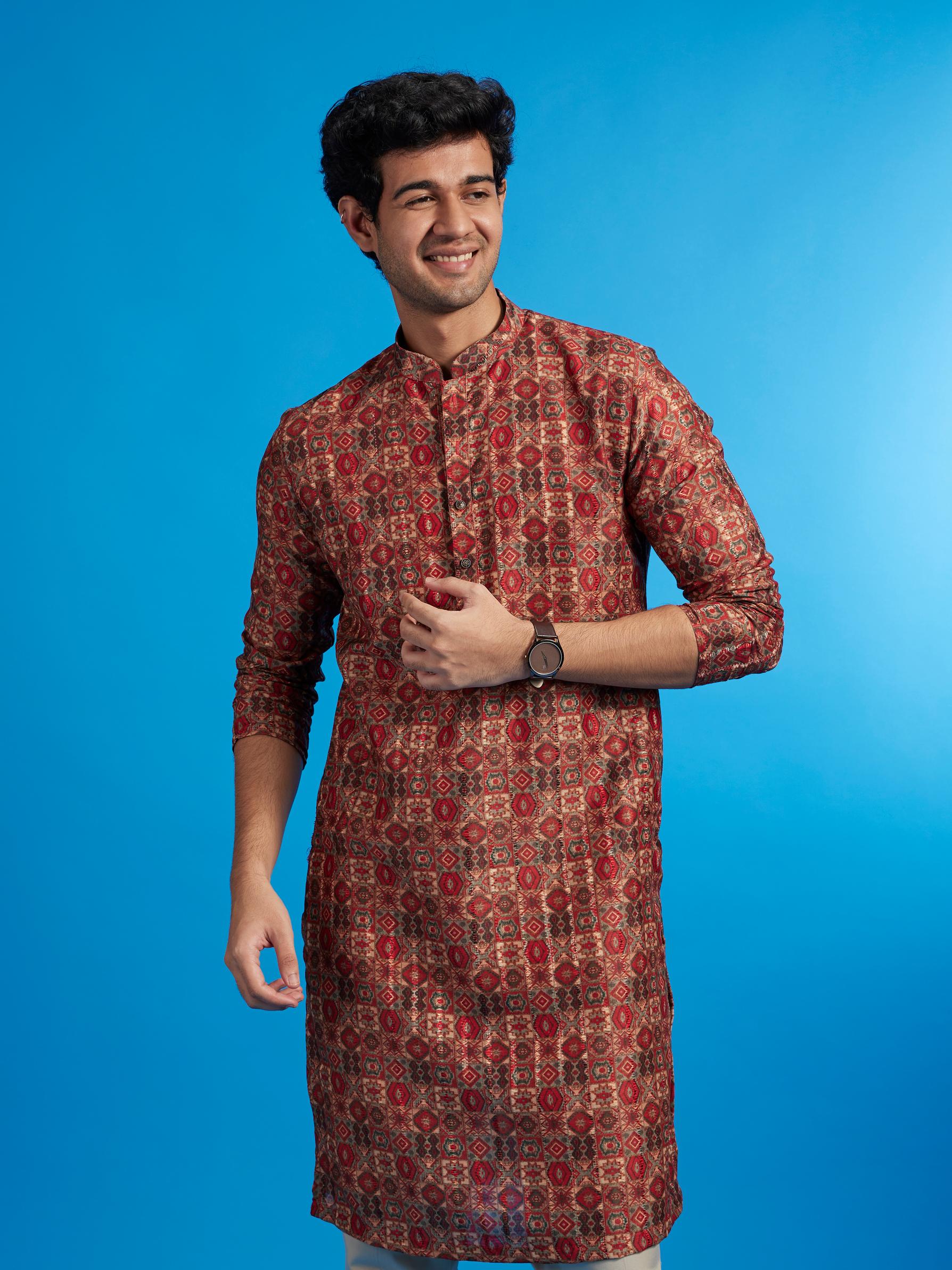 Diwas Men Rust Red Aztec Printed Kurta