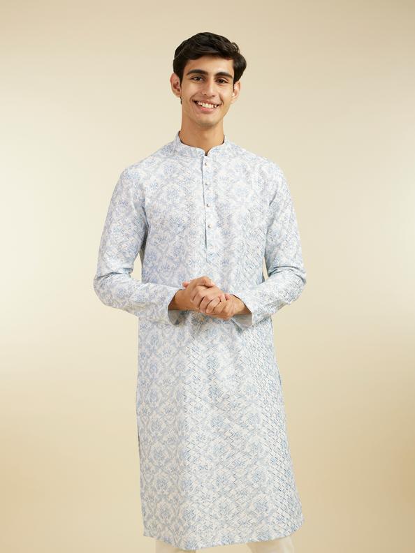 Diwas Men Ice Blue Jaal Medallion Patterned Kurta