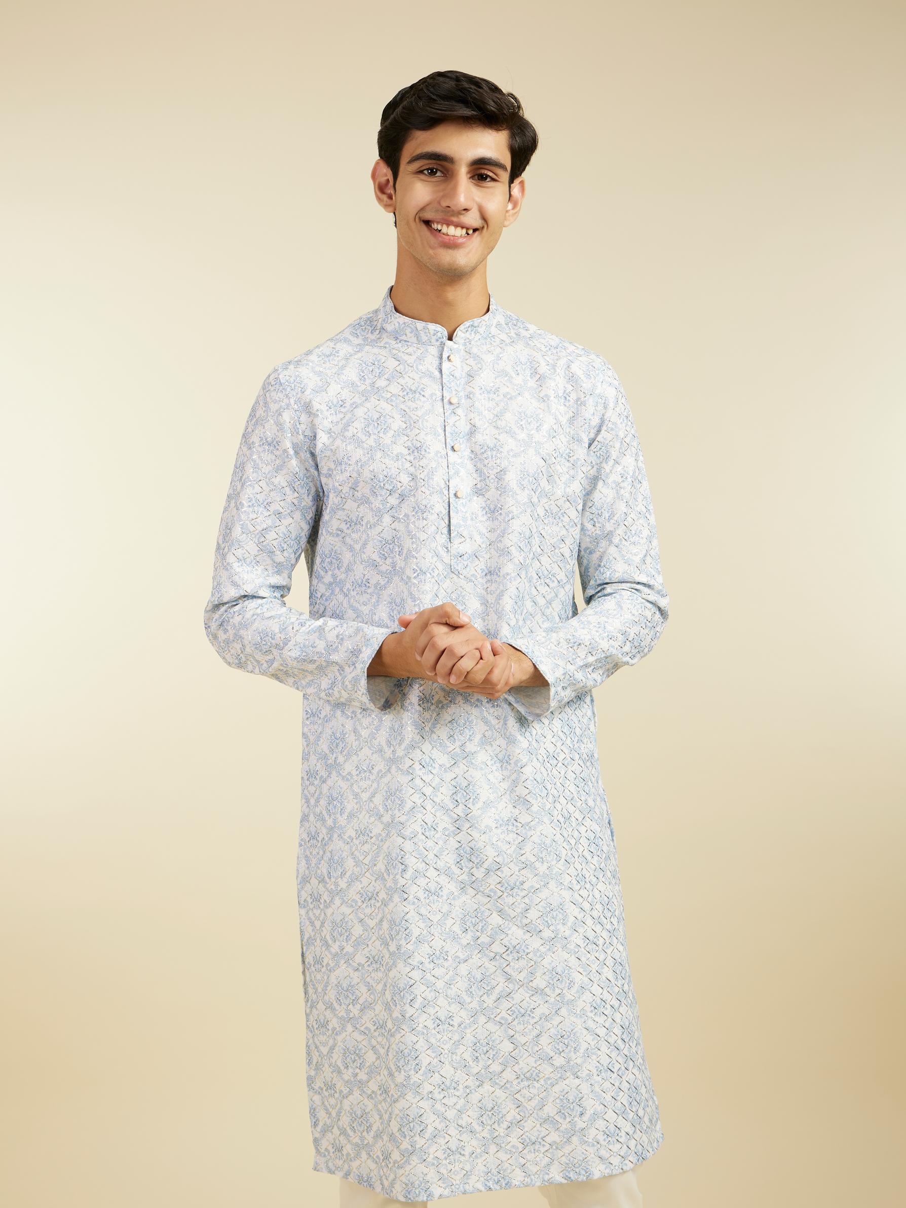 Diwas Men Ice Blue Jaal Medallion Patterned Kurta