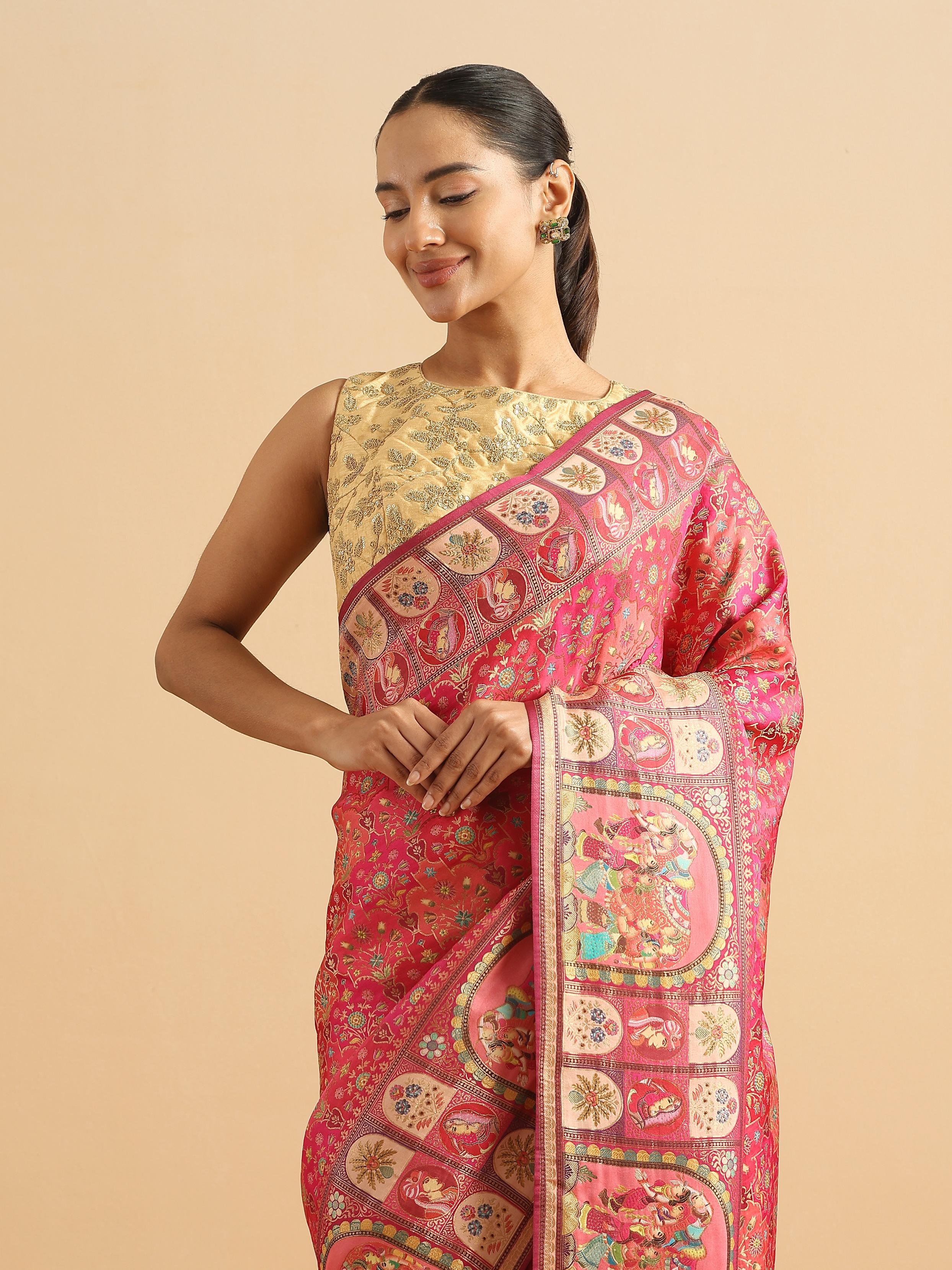 Twamev Women Royal Blossom Rani Pink Saree