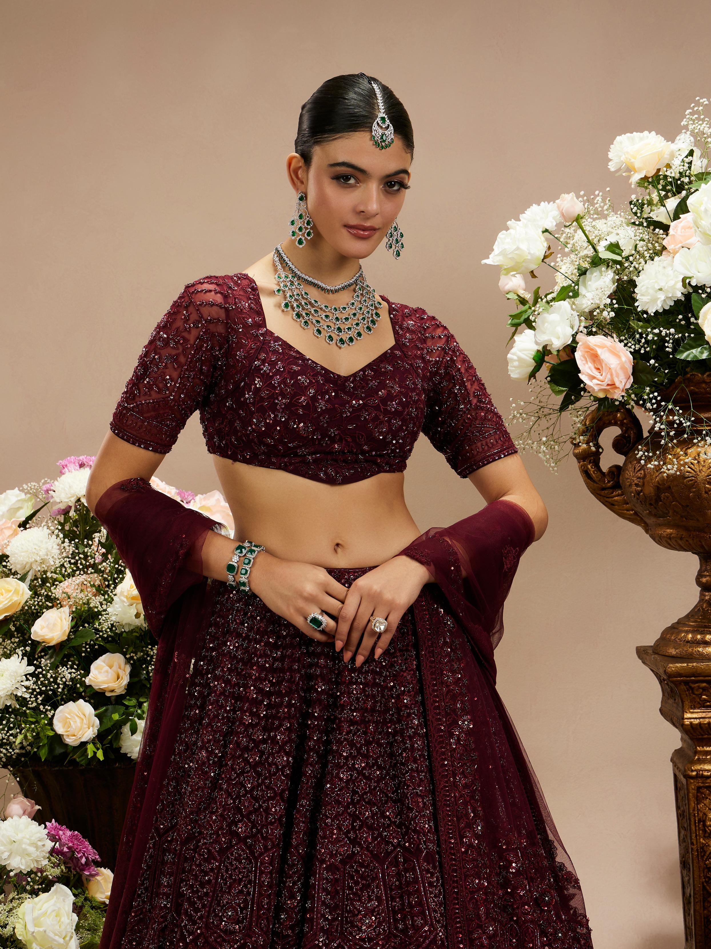 Twamev Women Wine Red Floral Jaal Embroidered Lehenga with Sequin Embellishments