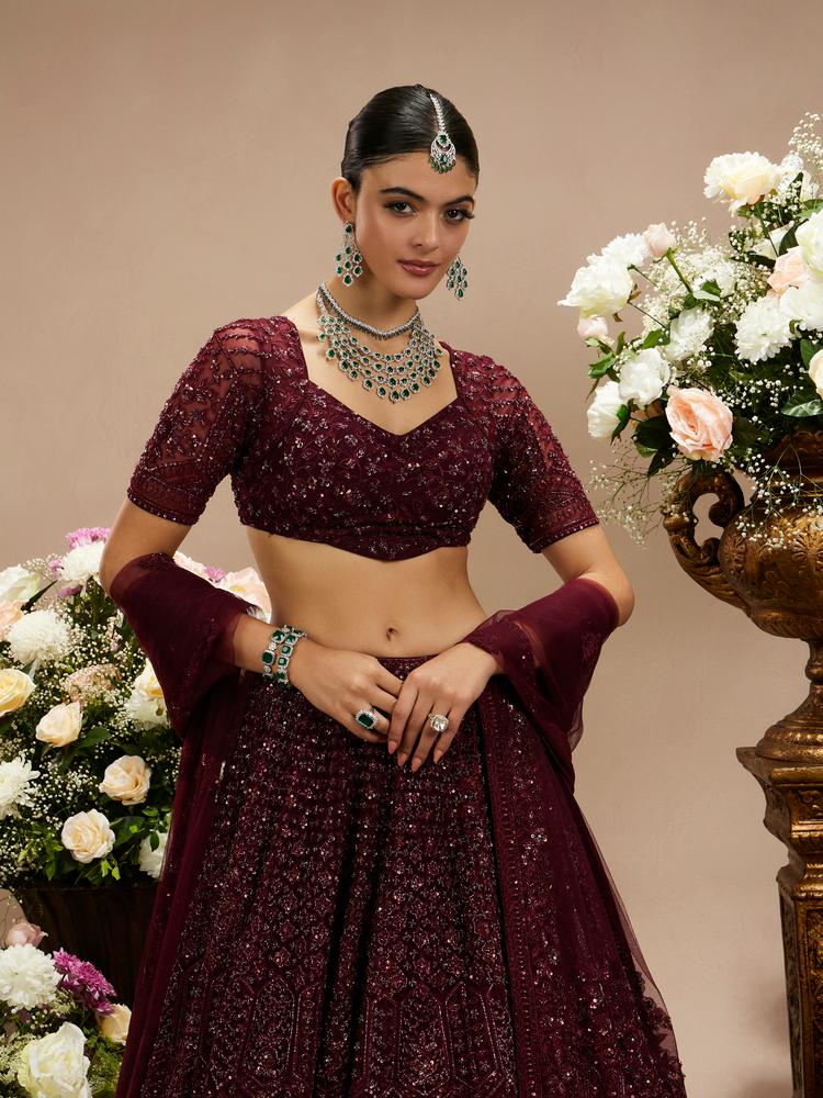 Twamev Women Wine Red Floral Jaal Embroidered Lehenga with Sequin Embellishments