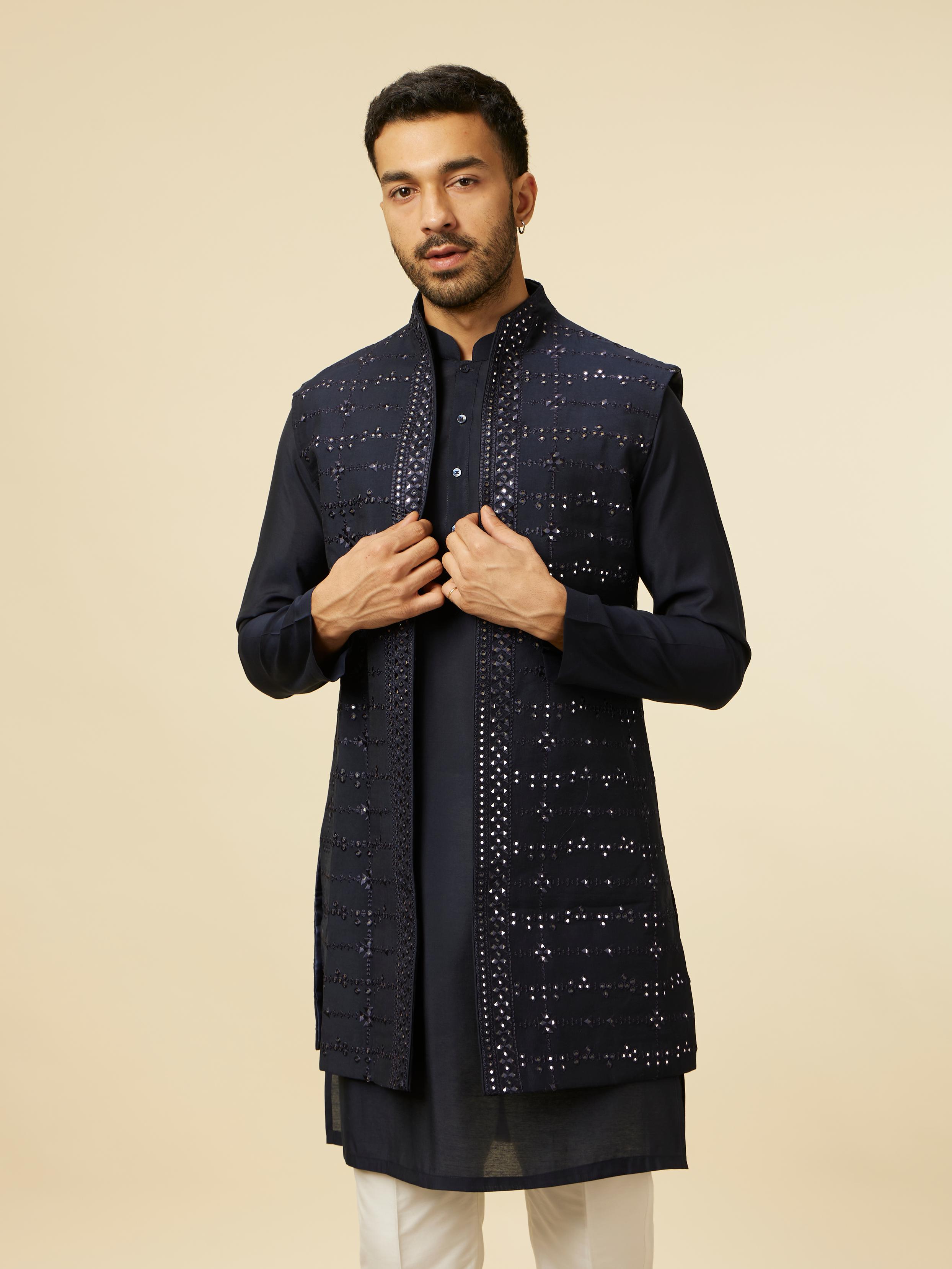 Twamev Men Dark Blue Self Mirror Patterned Kurta Jacket Set
