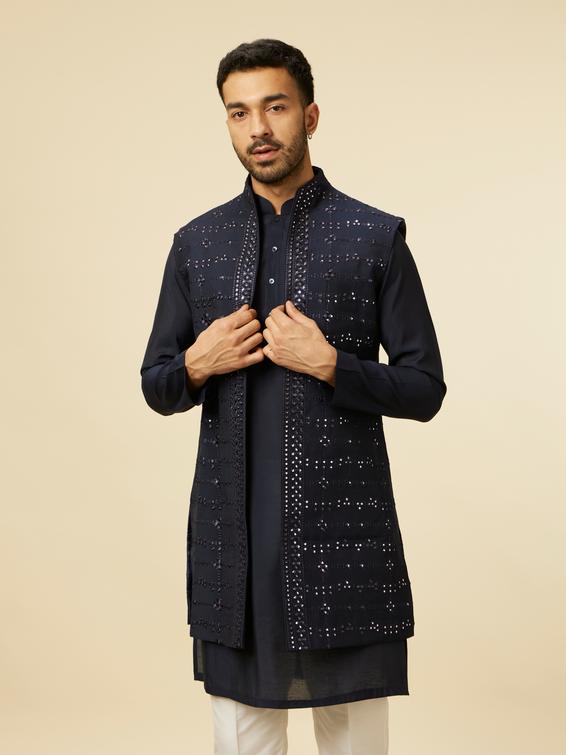 Twamev Men Dark Blue Self Mirror Patterned Kurta Jacket Set
