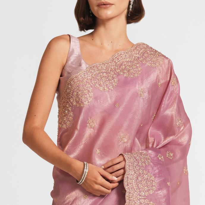 Twamev Women Dusty Pink Swirl Organza Saree