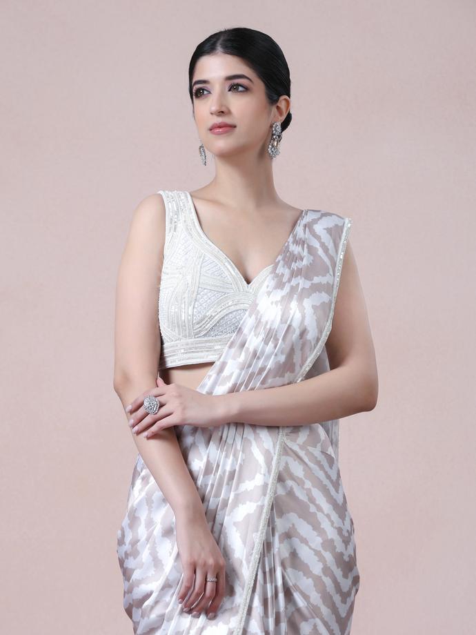 Twamev Women Beige White Satin Saree Splendor