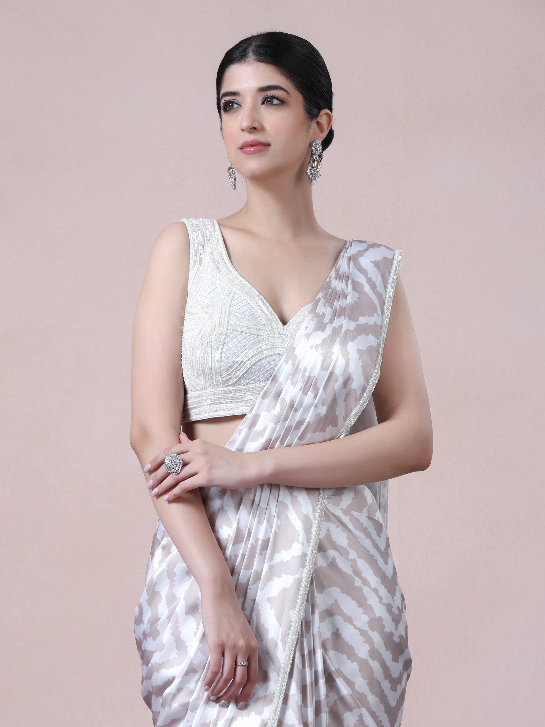 Twamev Women Beige White Satin Saree Splendor