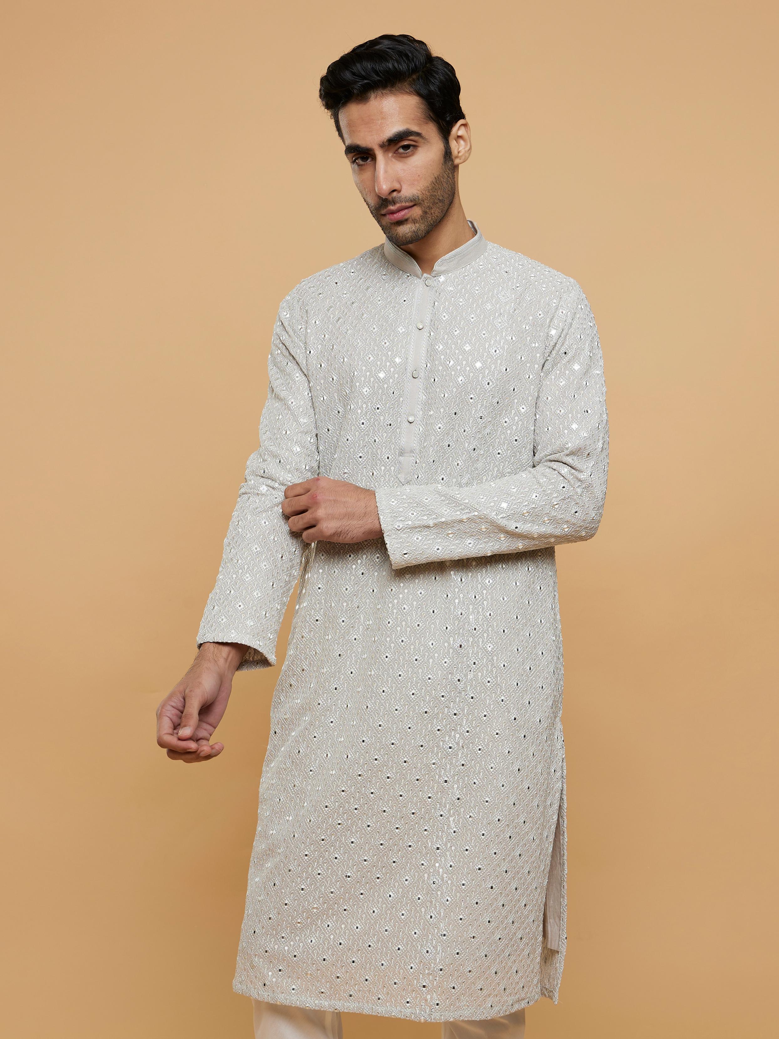 Twamev Men Smoke Grey Chikankari Kurta Set with Mirror Work