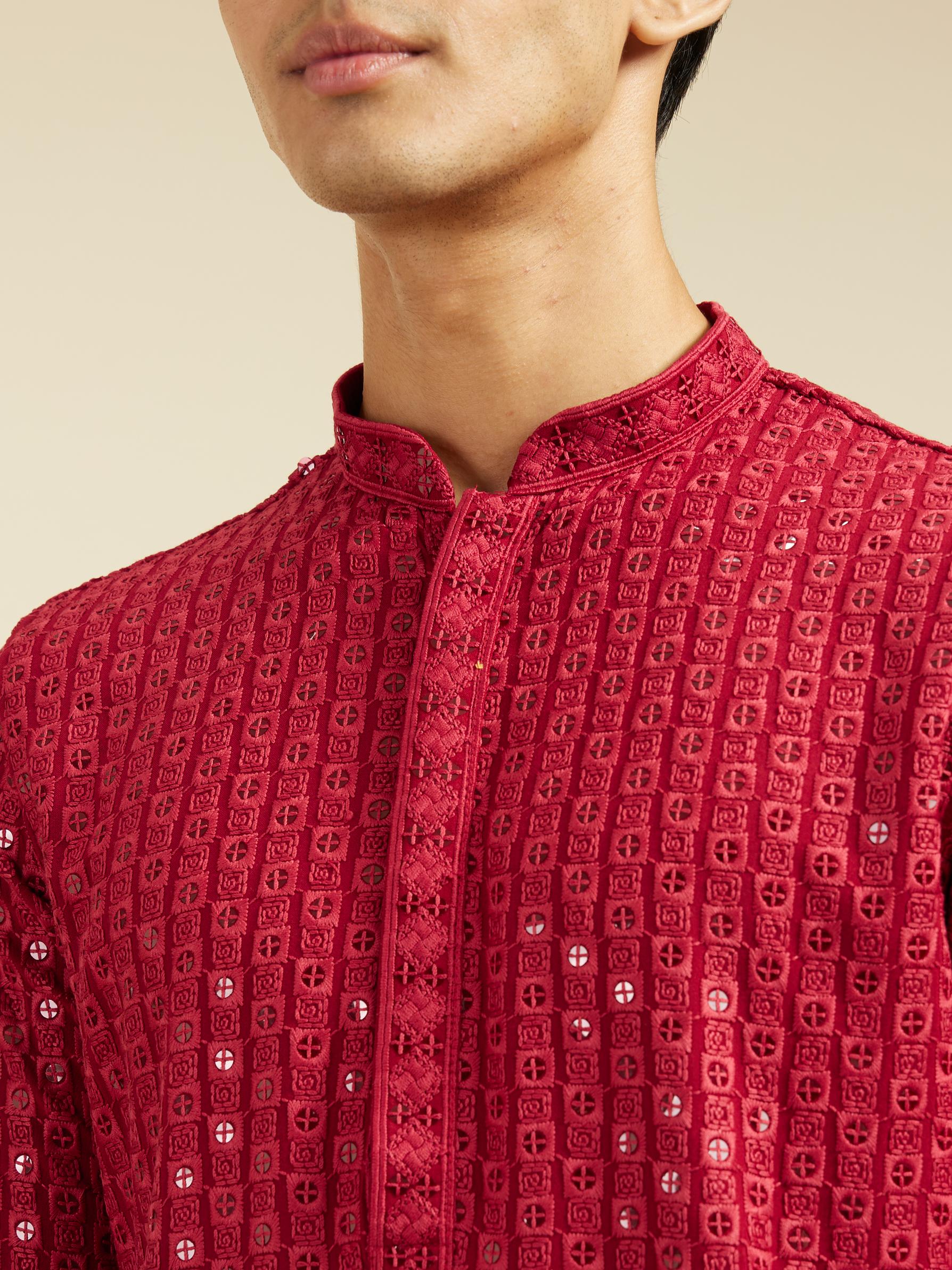 Diwas Men Maroon Red Chikankari Sequinned Kurta